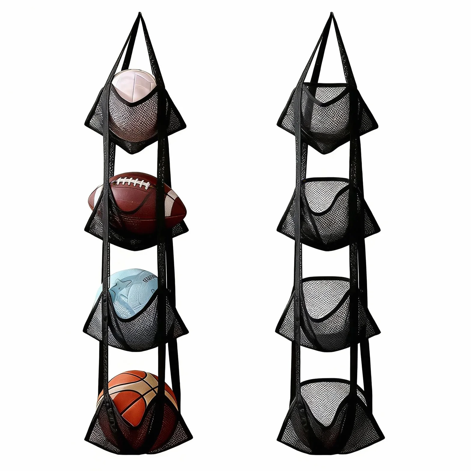 Rangement Ballon Mural Suspendu 4 Niveaux, Support Ballon en Nylon pour Basketball Football Volleyball, Organisateur Garage Cave (Noir)