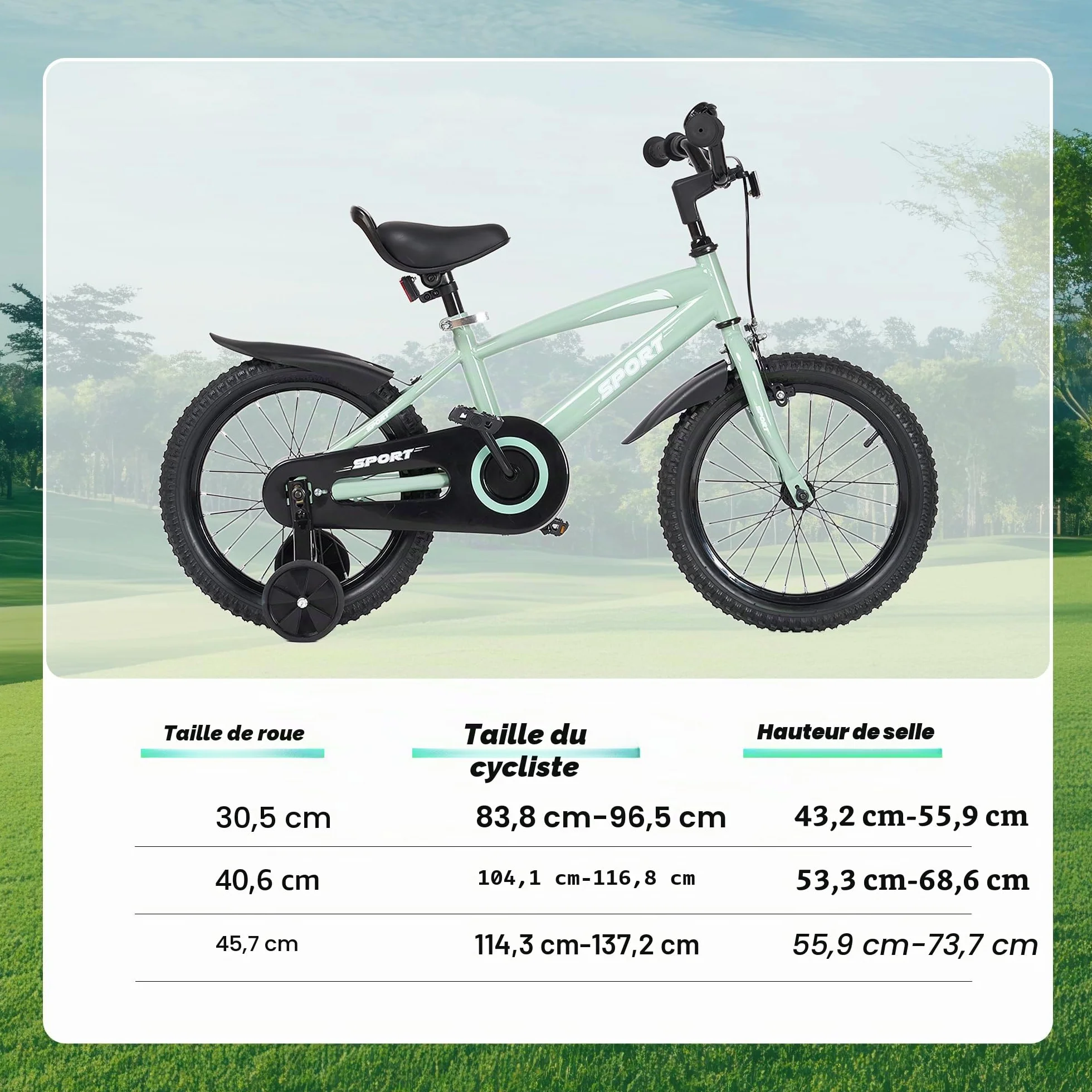 BODIOO Vélo Enfant 12 Pouces Siège Réglable Double Freins Roues Stabilisatrices Réflecteur Garde-Boue 84-97 cm