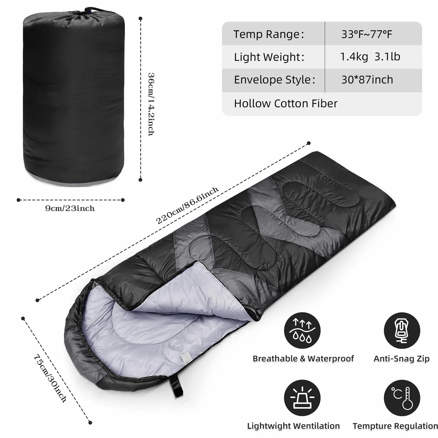 Sacs de Couchage pour Adultes Enfant 3-4 Saisons Imperméable Camping Léger Randonnée Compact Orange