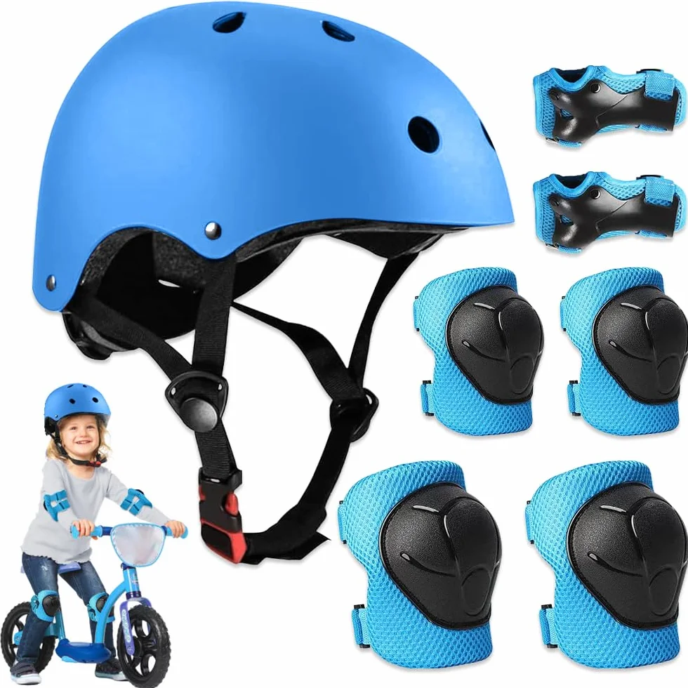 Mizikuu Protection Roller Enfant 7 en 1 Casque Vélo Enfant Kit Réglables Coudières Genouillère Protège Poignets Bleu