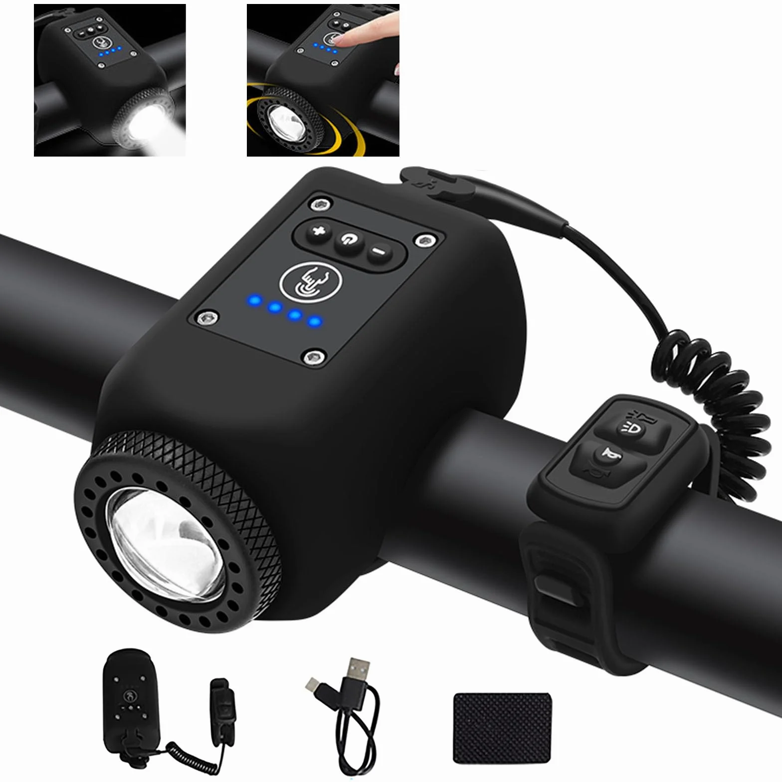 Klaxon de Vélo Électronique avec Lumière, Mini Sonnette 6 Sons, Phare Rechargeable USB-C, Volume Réglable, 4 Modes d'Éclairage, Résistant à l'Eau