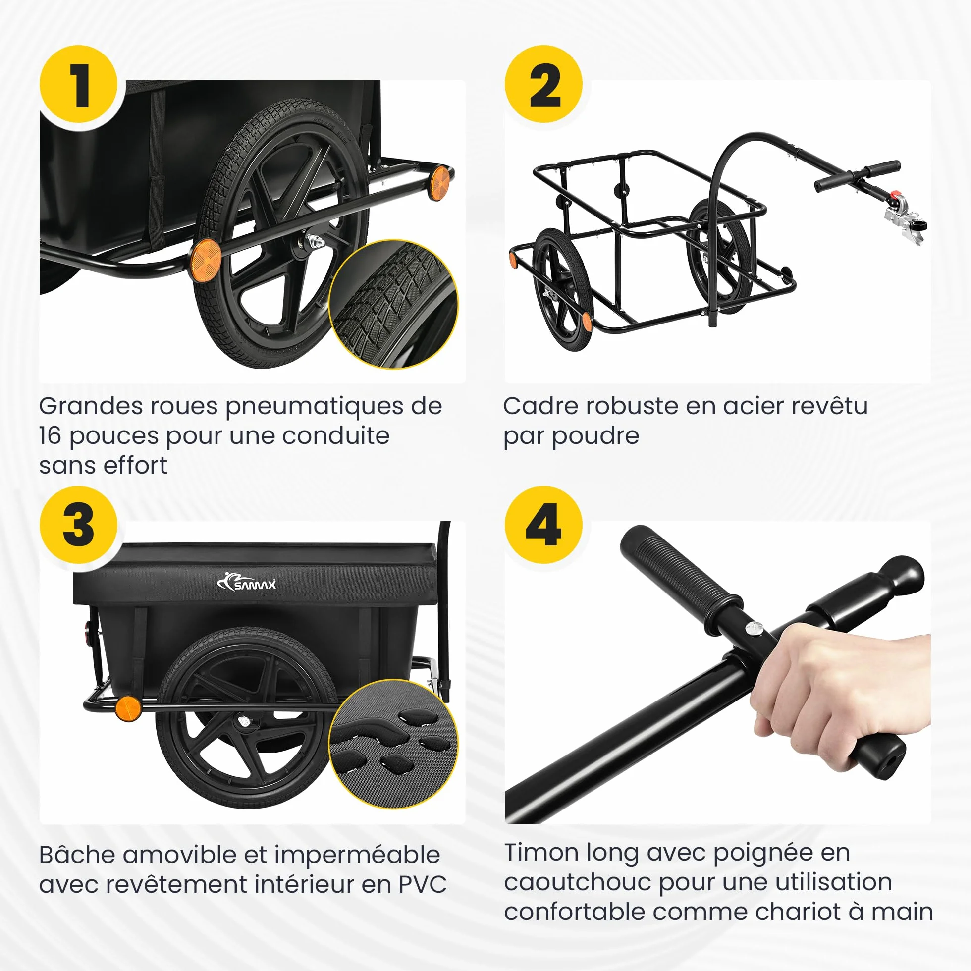 SAMAX Remorque de Vélo Chariot de Transport Haute Traction avec Poignée et Bâche