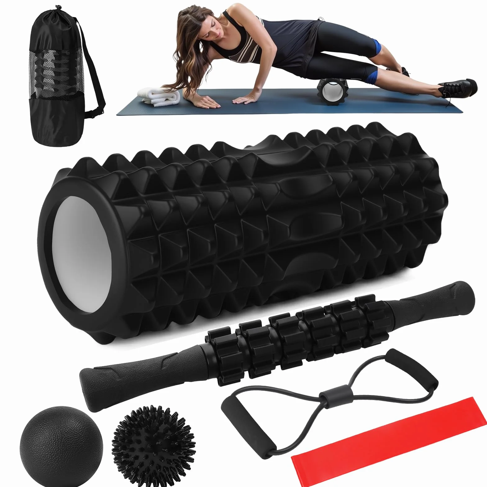 Rouleau de Massage 7 en 1 Foam Roller Kit avec Bâton, Boule de Fascia, Tendeur et Bandes de Résistance