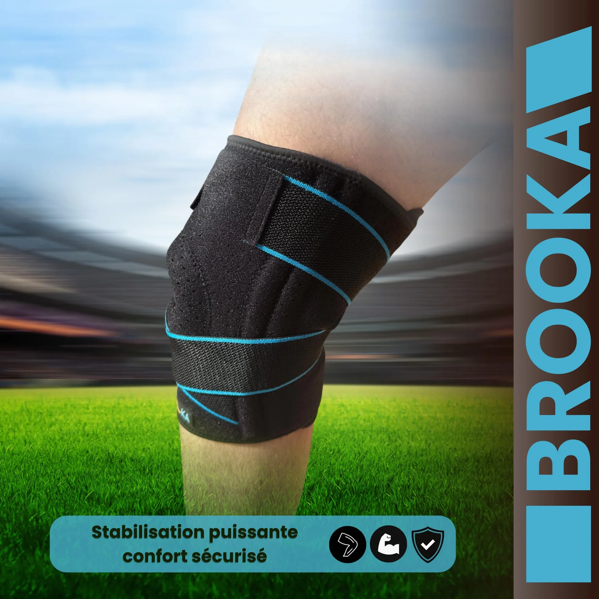 Genouillère de maintien ligamentaire et rotulien avec sangles élastiques, stabilisateur latéral et coussinet en gel