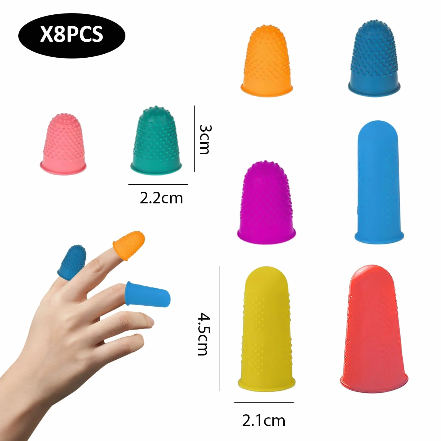 Protège-Doigts En Silicone, Doigtiers Antidérapants Longs Et Courts - Lot de 8 (Rose, Vert, Orange, Bleu, Violet, Rouge)
