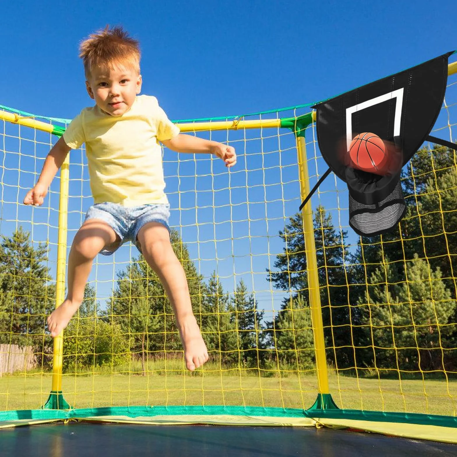 Panier de Basket pour Trampoline Intérieur avec 4 Ballons et Pompe, Support avec Protection Solaire