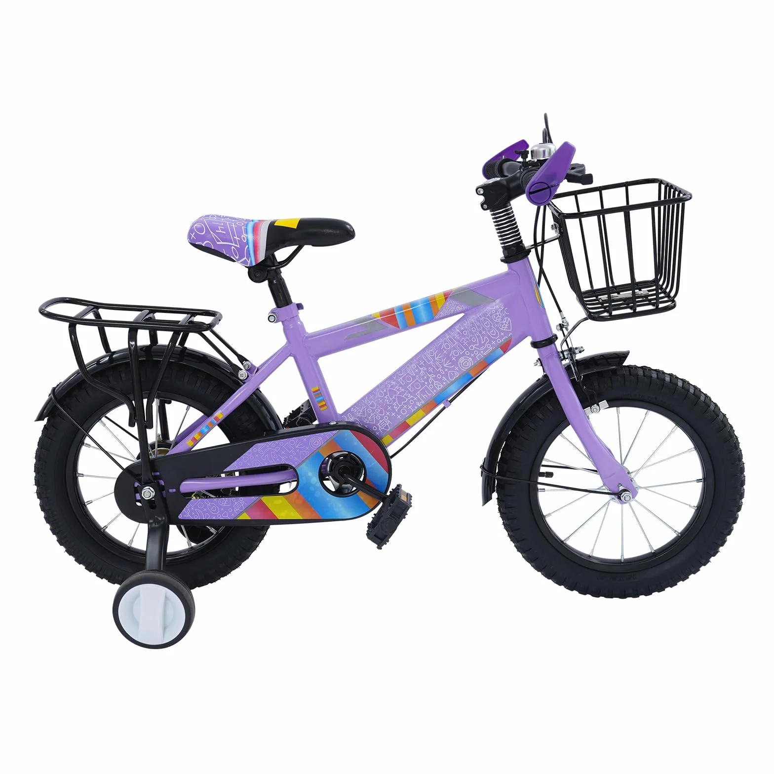 Vélo pour enfant 14 pouces avec siège arrière, panier et roues stabilisatrices, hauteur réglable 3 ans