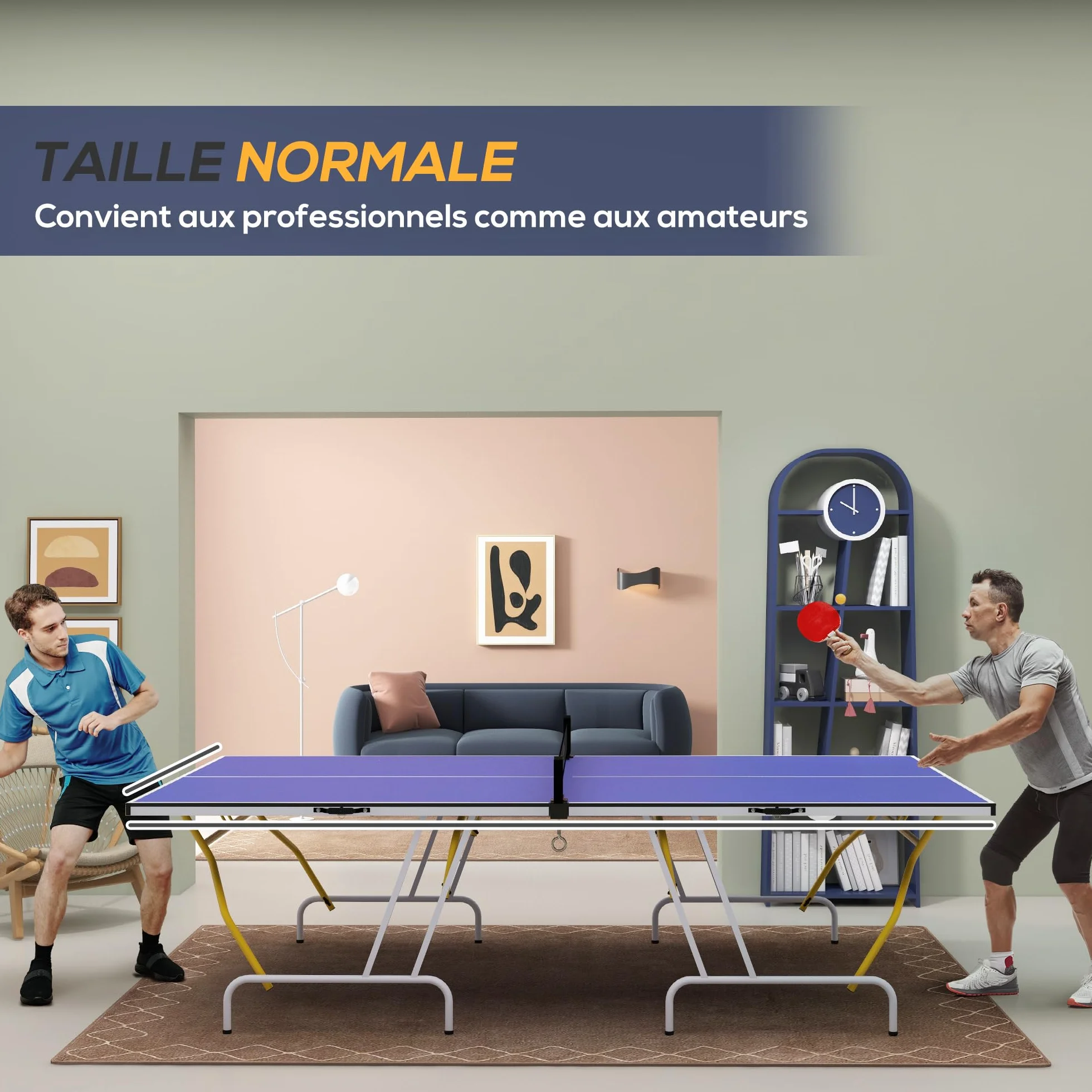 SPORTNOW Table de ping Pong Pliable en Quatre, Table de Tennis de Table intérieure, 2 Raquettes, 3 balles et Filet Inclus, 274 x 152,5 x 76 cm, Bleu