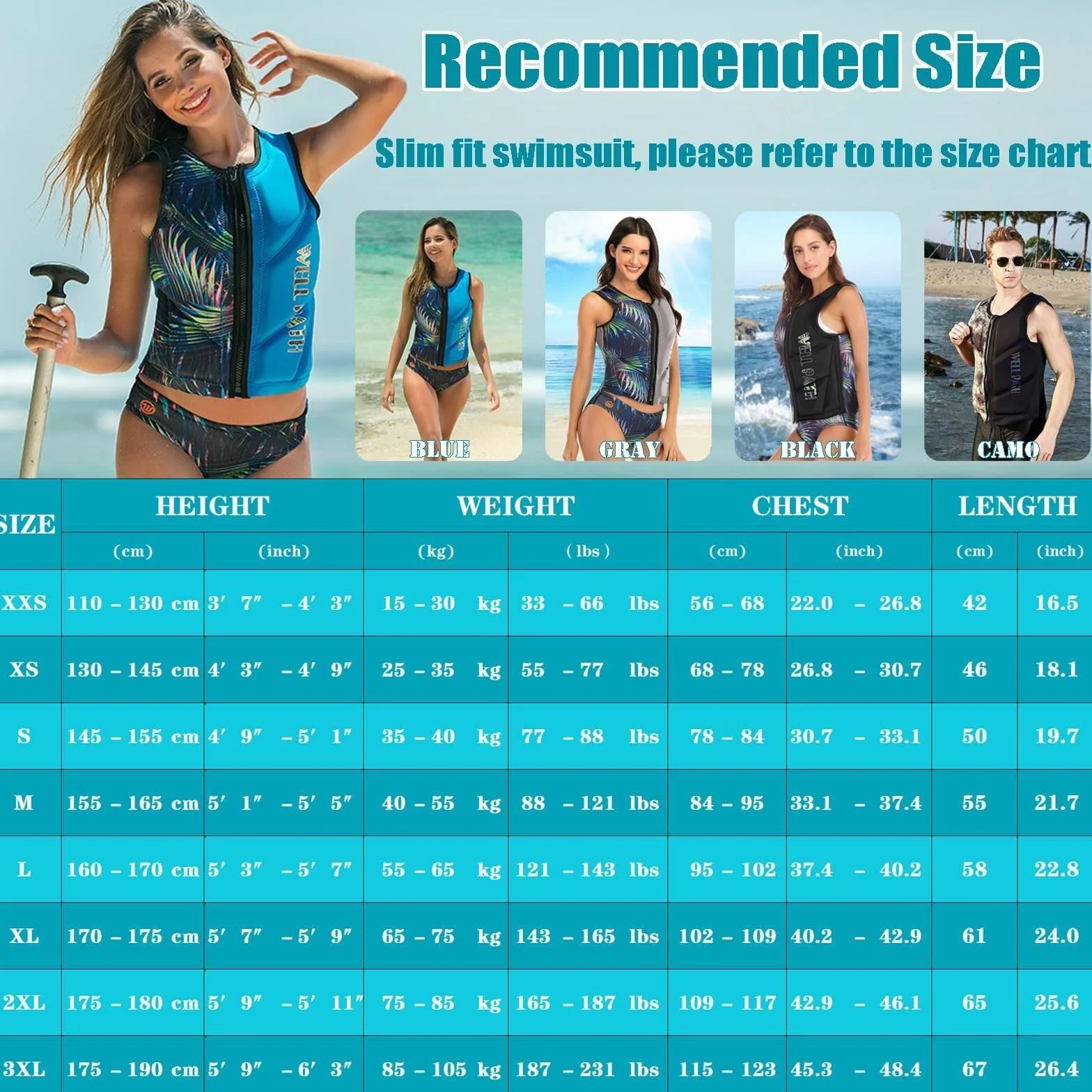 Swim Vest Adult Teens Neoprene Buoyancy Aid Anti-Collision Kayaking Floating Gear