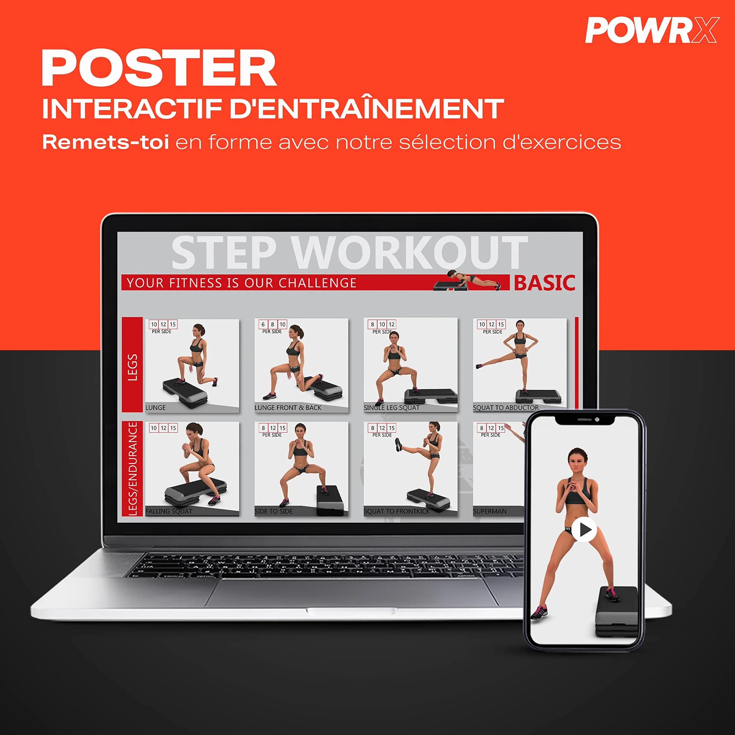 POWRX Step Aerobics Stepper d'entraînement 89 x 34 cm Hauteur réglable antidérapante