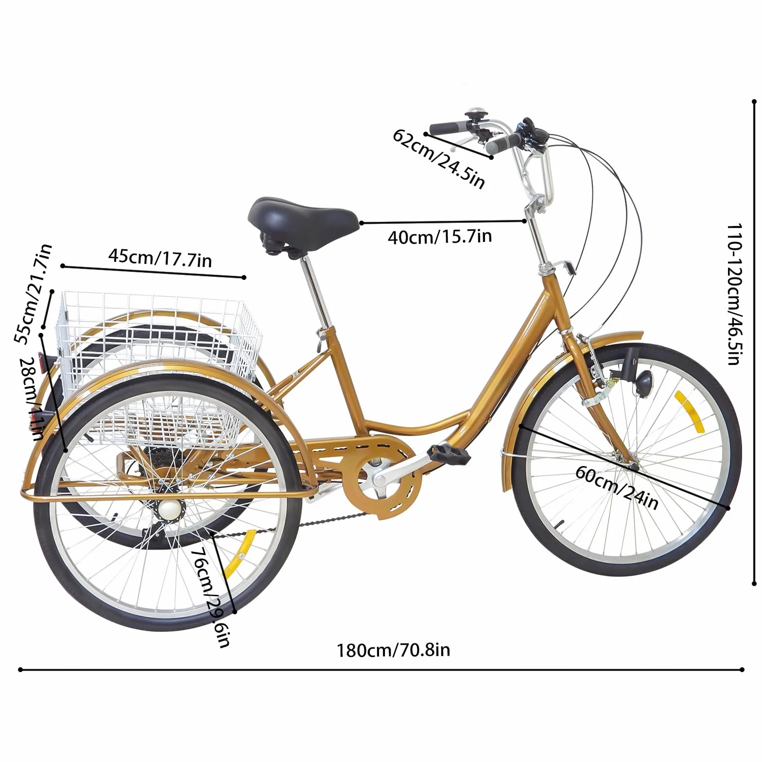 Tricycle pour adultes 24 pouces 6 vitesses avec lumière et panier à provisions