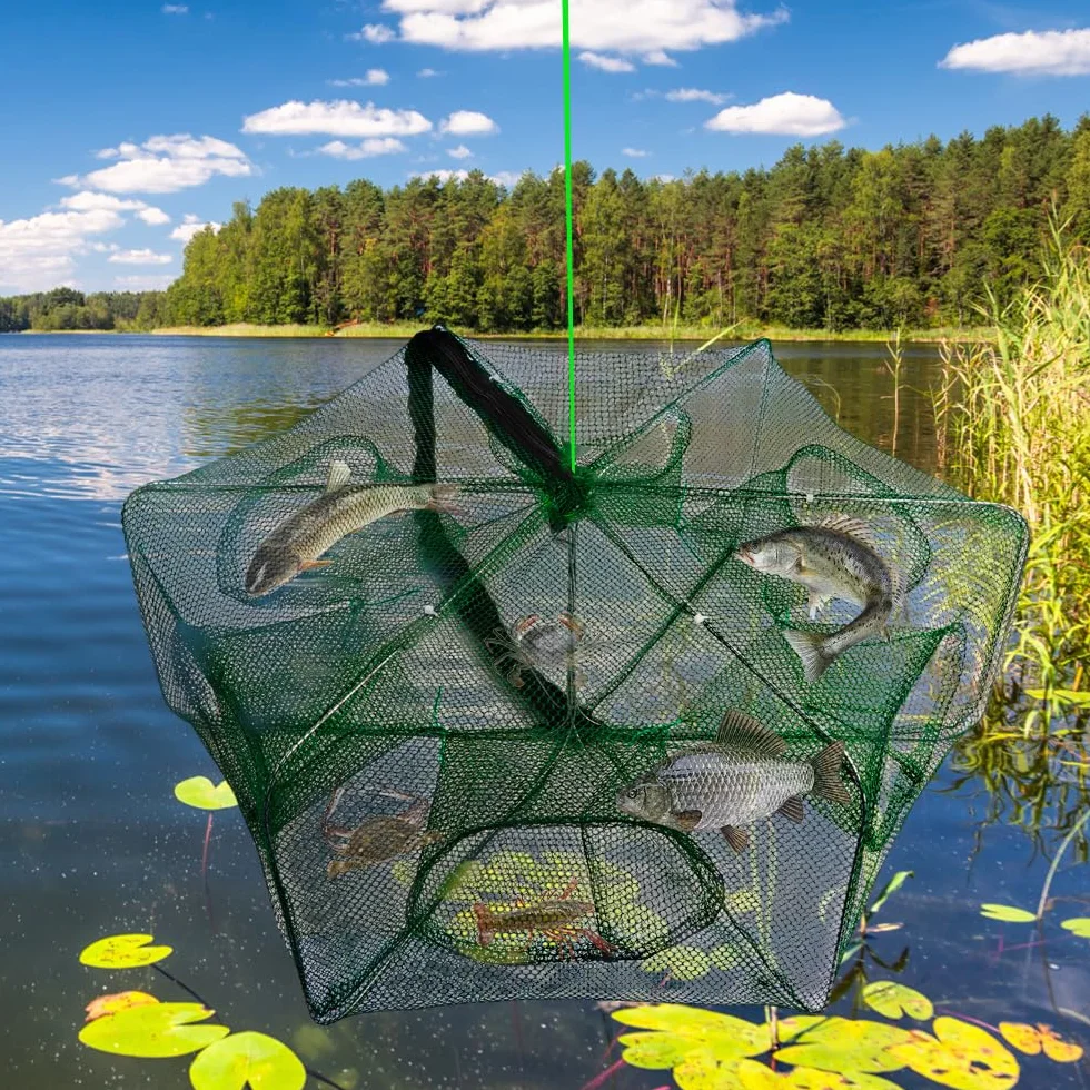 Piège à crevettes, 58 × 22 cm Poissons de crabe en nylon, filet de pêche automatique, 6 trous filet de pêche pliable en nylon, pour attraper les crabes, les homards, les crevettes et les crabes