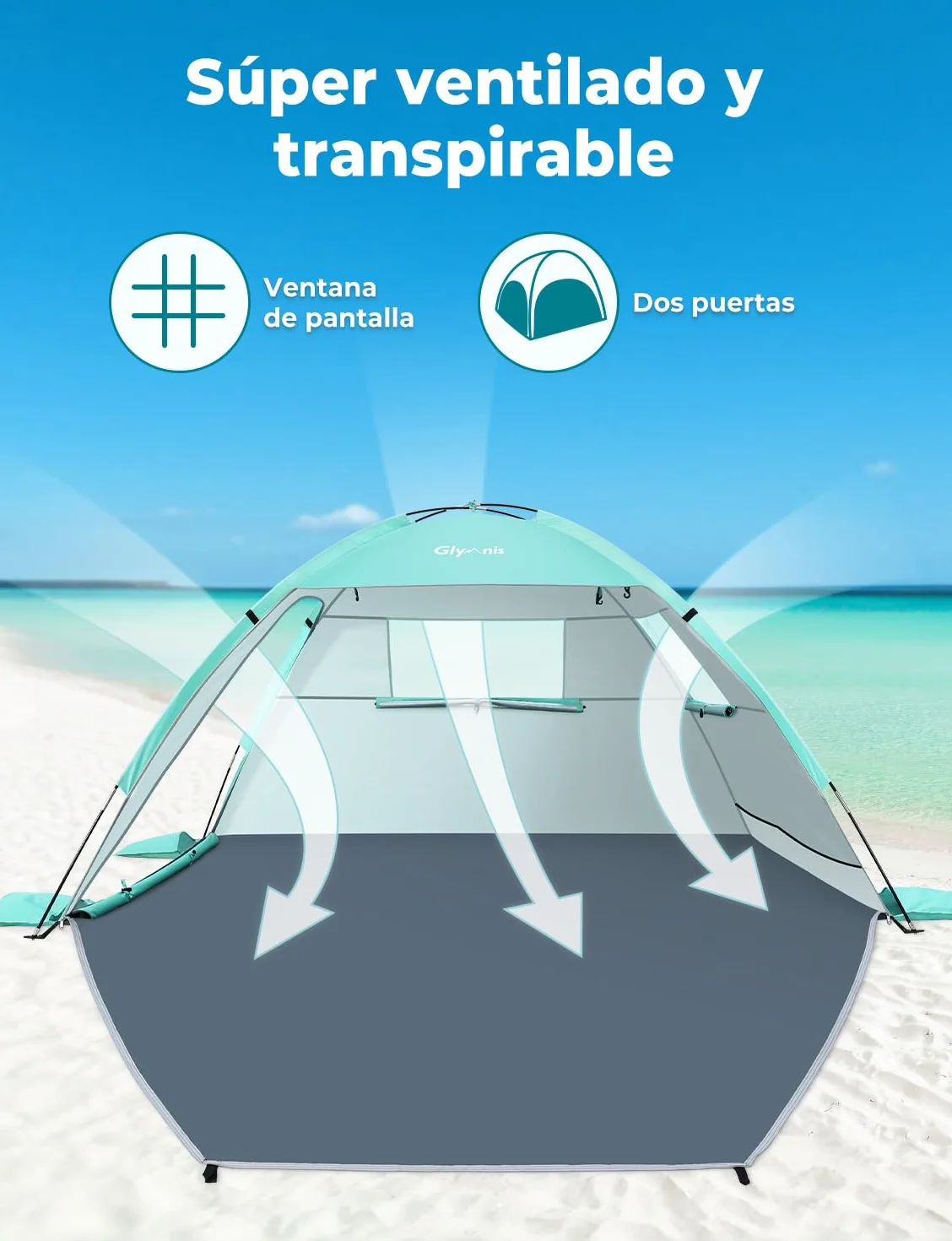 Glymnis Tente de plage, abri de plage pour 2-3 personnes, tente de plage avec double porte zippée, fenêtres ventilées, protection UPF 50+, pour plage, parc, pêche