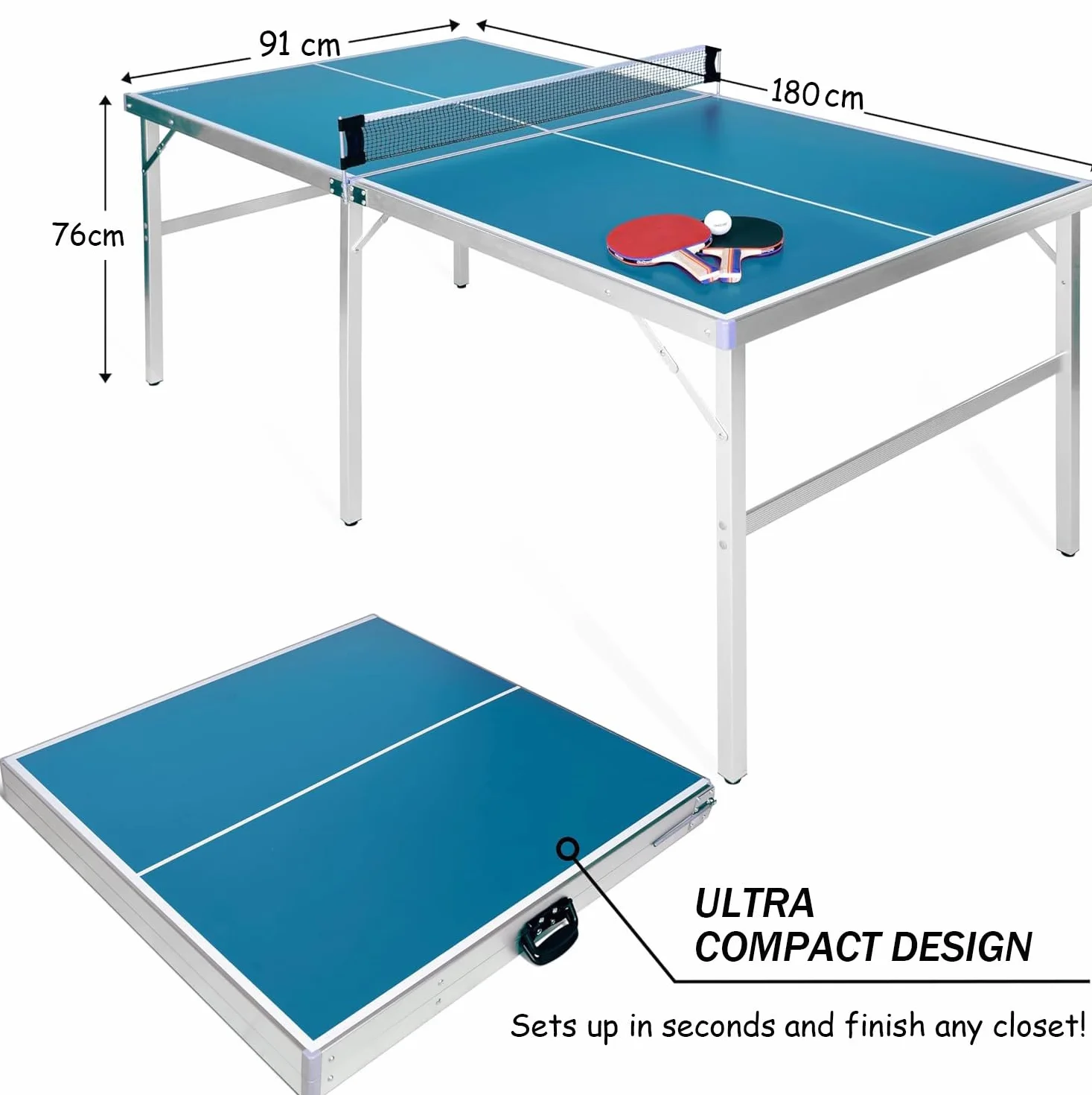 Table de Ping-Pong Pliable Table de ping-Pong d'intérieur Portable avec Filet, Balles, Raquettes, Bleu 180 x90 x76 cm