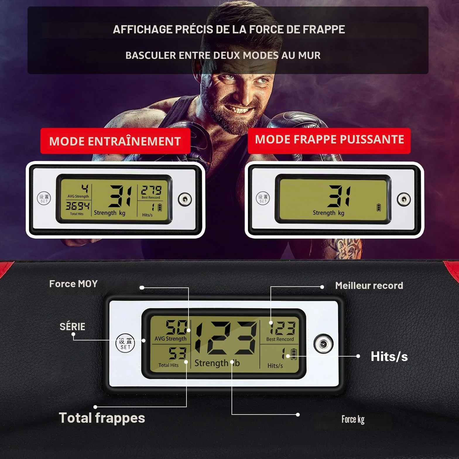 Hoteam Testeur de force de frappe avec capteur de force de frappe réglable en hauteur - Équipement d'entraînement de boxe mural - Machine de boxe pour adulte et enfant