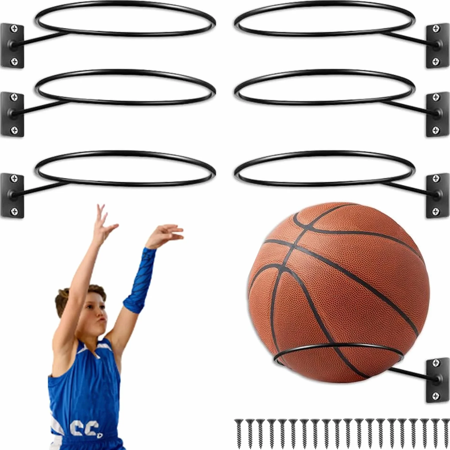 Support Mural pour Ballon 6 Pièces en Métal Universel avec Vis - Football Volleyball Basketball Noir