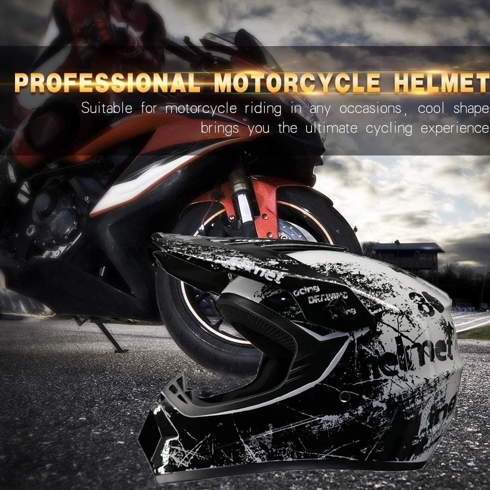 Casque de Motocross Double Sport Jeunesse Enfants Intégral Tout-Terrain Moto avec Lunettes Gants Masque
