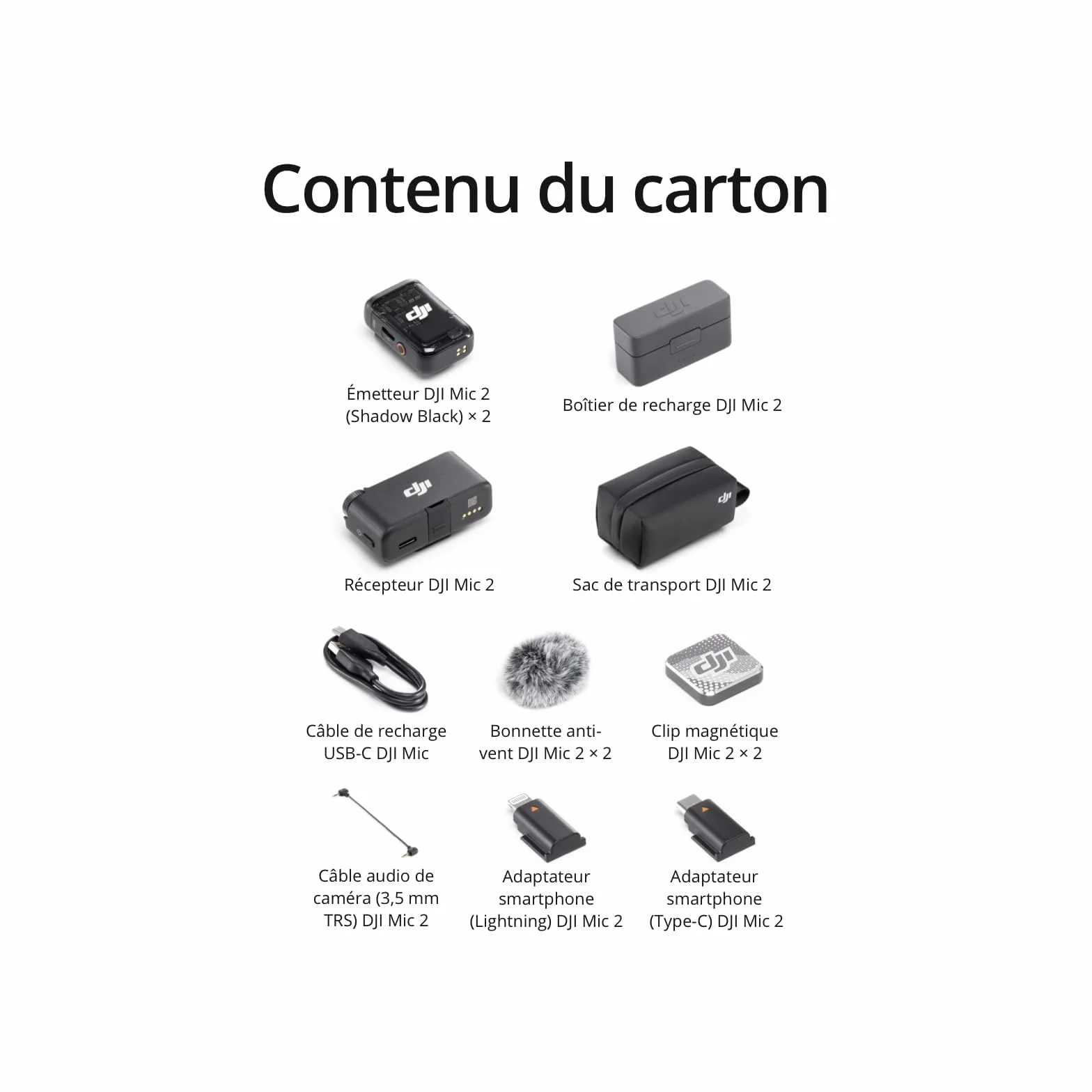 DJI Mic 2 (2 TX + 1 RX + Boîtier de Recharge) Micro sans Fil Tout-en-Un, Réduction Intel. du Bruit, Enregistrement Interne 32 Bits, Portée 250 m