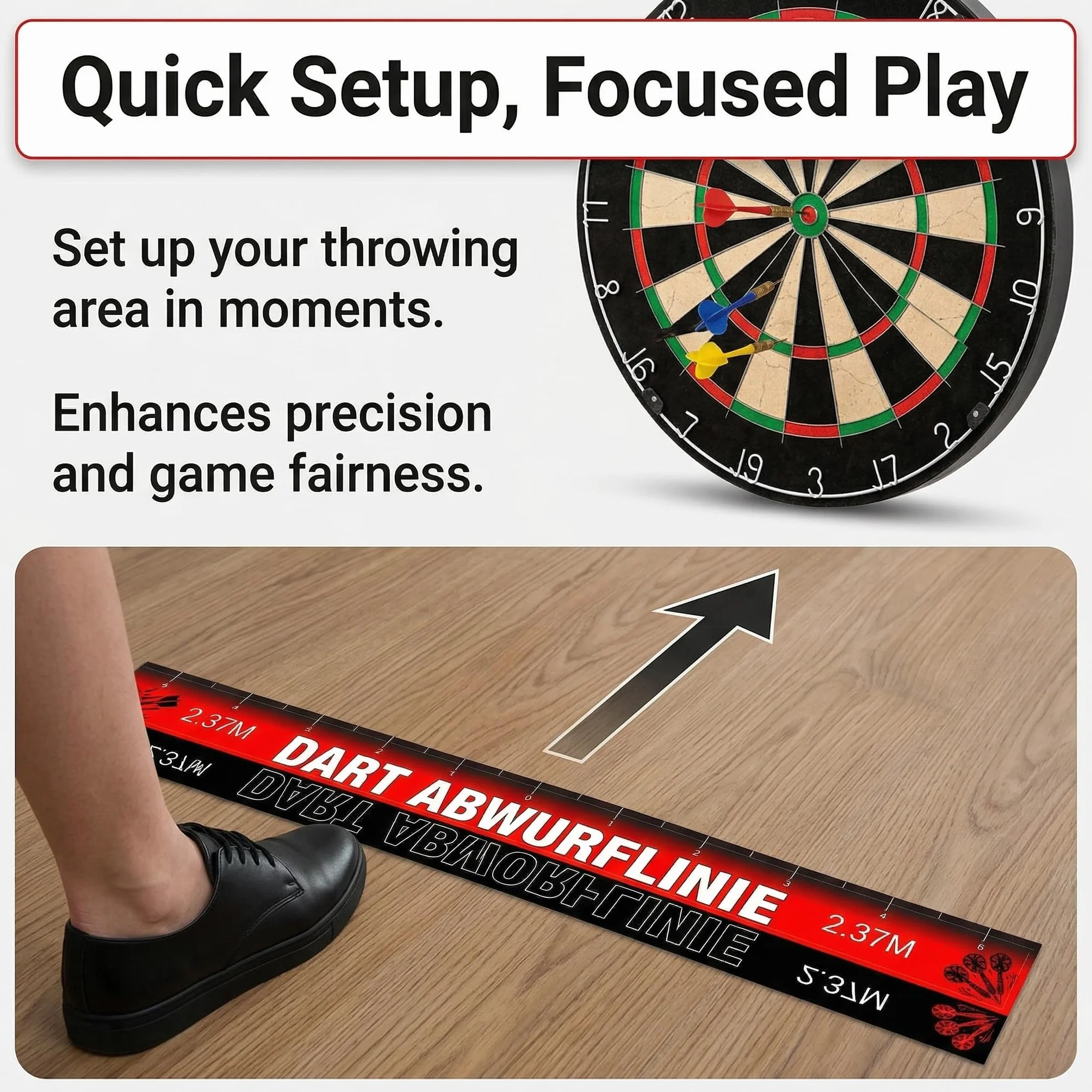 Tapis Fléchette Sol avec Ligne de Lancer 56 x 5 cm, Autocollant Oche Dart Antidérapant, Marquage Précision Distance