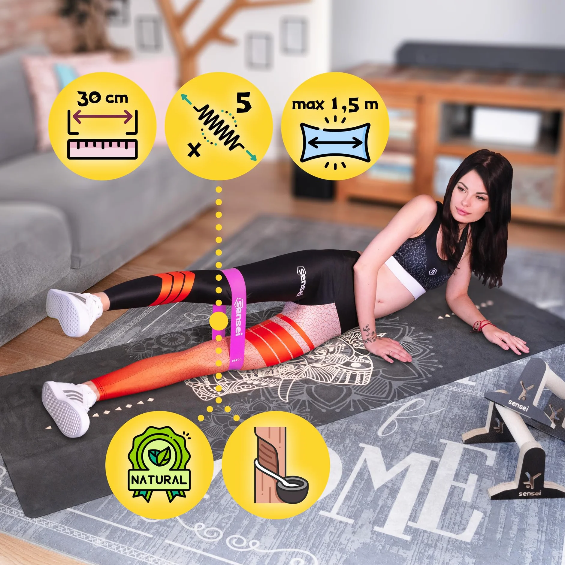 SENSEI Bandes Élastiques Set 5 Bandes de Résistance Latex Naturel Niveaux Entraînement Fitness Pilates