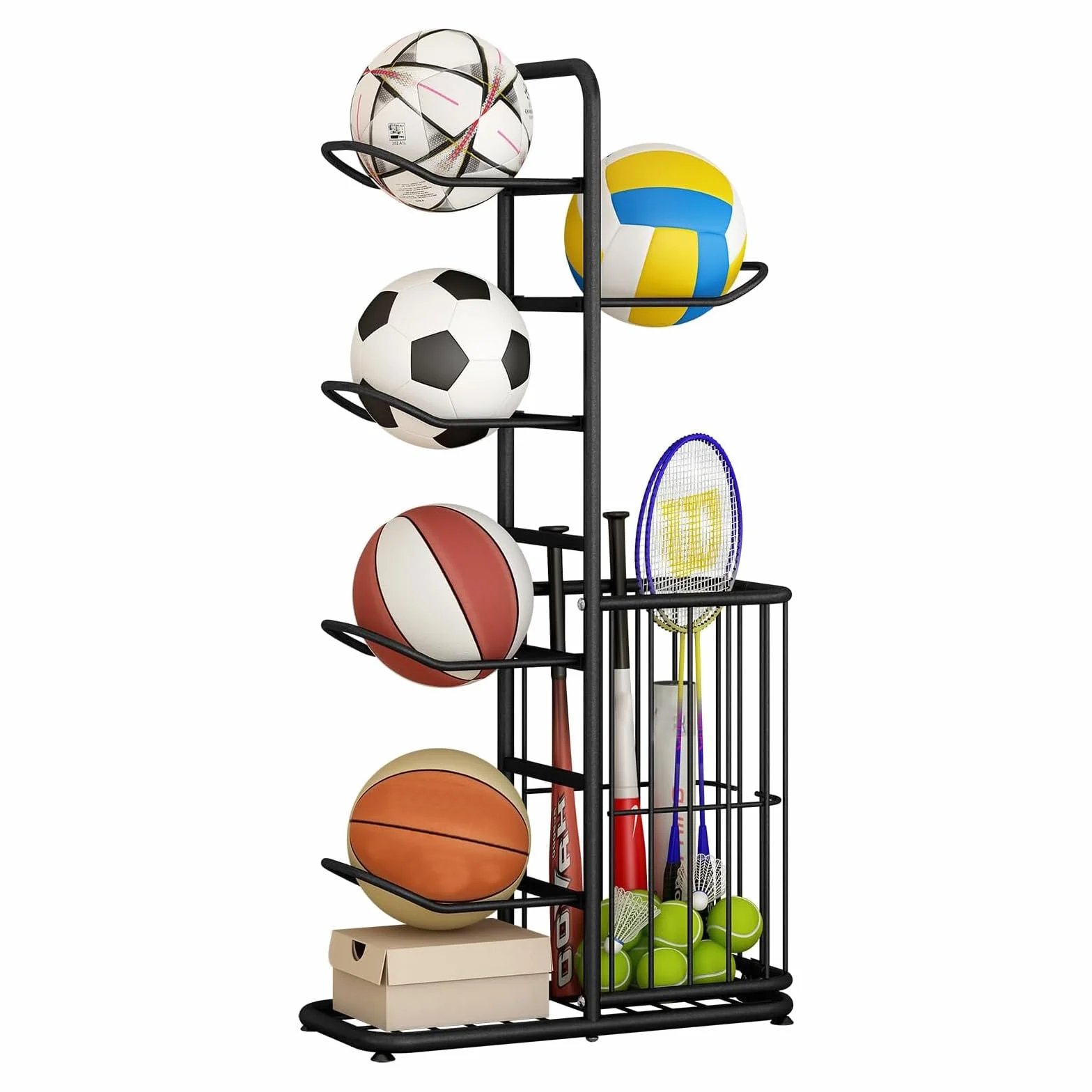 Étagère de rangement pour ballons 5 niveaux présentoir vertical autoportant avec panier