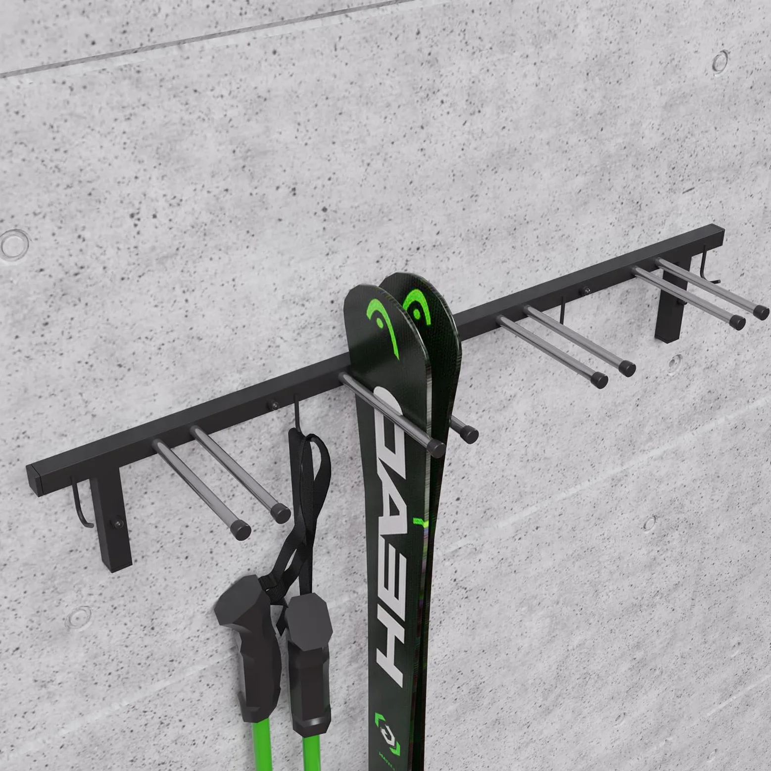 QLS Support mural pour skis S3 pour 4 paires de 83 cm en acier et bois avec crochets en bois pour bâtons de marche nordique, randonnée et ski