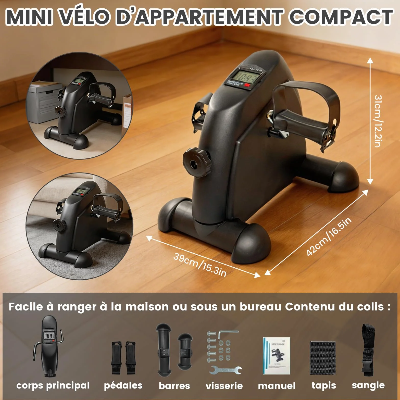 Mini vélo d'exercice pour personnes âgées, pédalier compact portable, rééducation jambes et bras (noir)