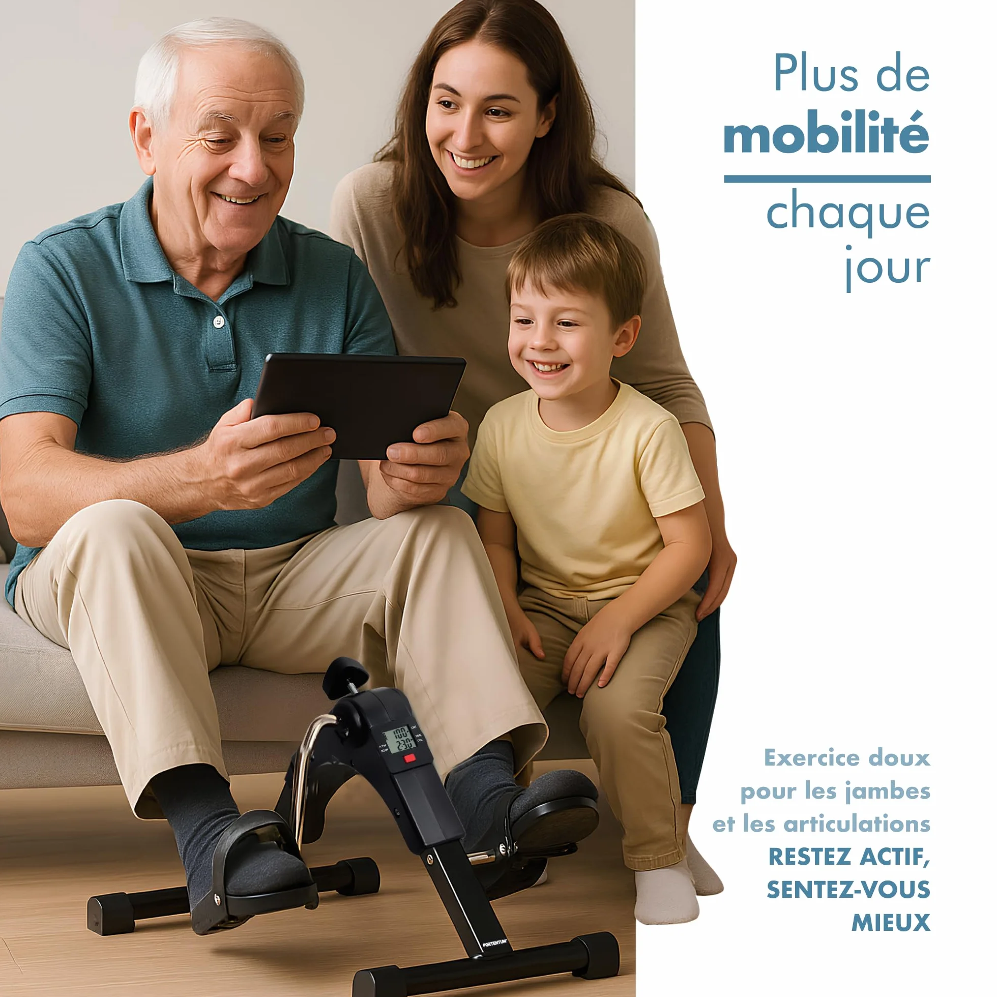 PORTENTUM Pedalier d’Appartement Senior Pliable Écran LCD 5 Fonctions Mini Velo Bras et Jambes Compact Résistance Réglable Design Portable