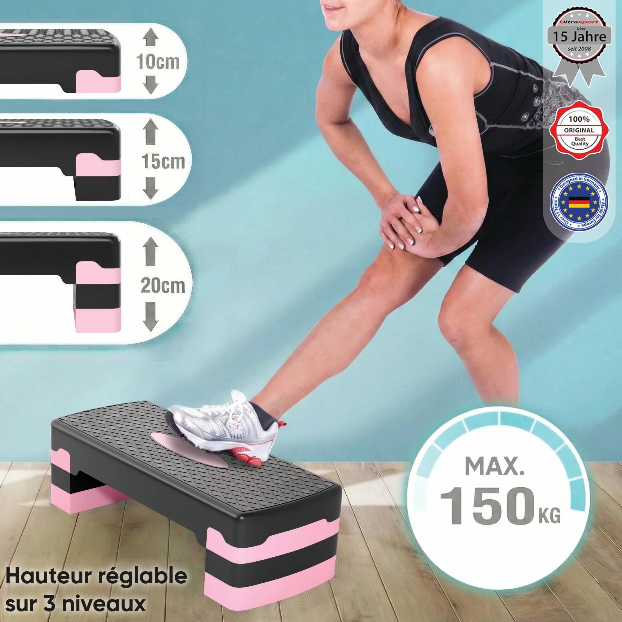 Ultrasport Step Aérobic Antidérapant Réglable 3 Niveaux Stepper Fitness 68 x 28 cm Rose