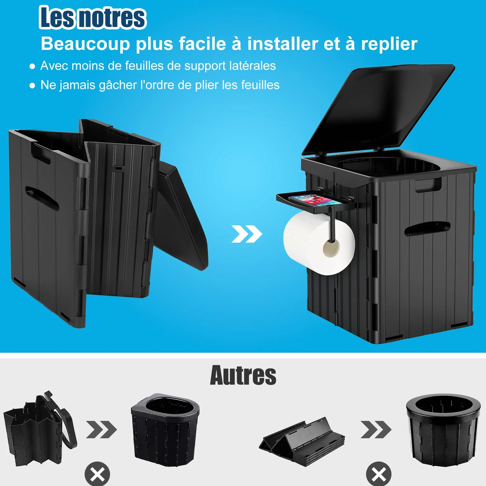 WADEO Toilettes de Camping Portables Pliables pour Adultes avec Urinateur Noir