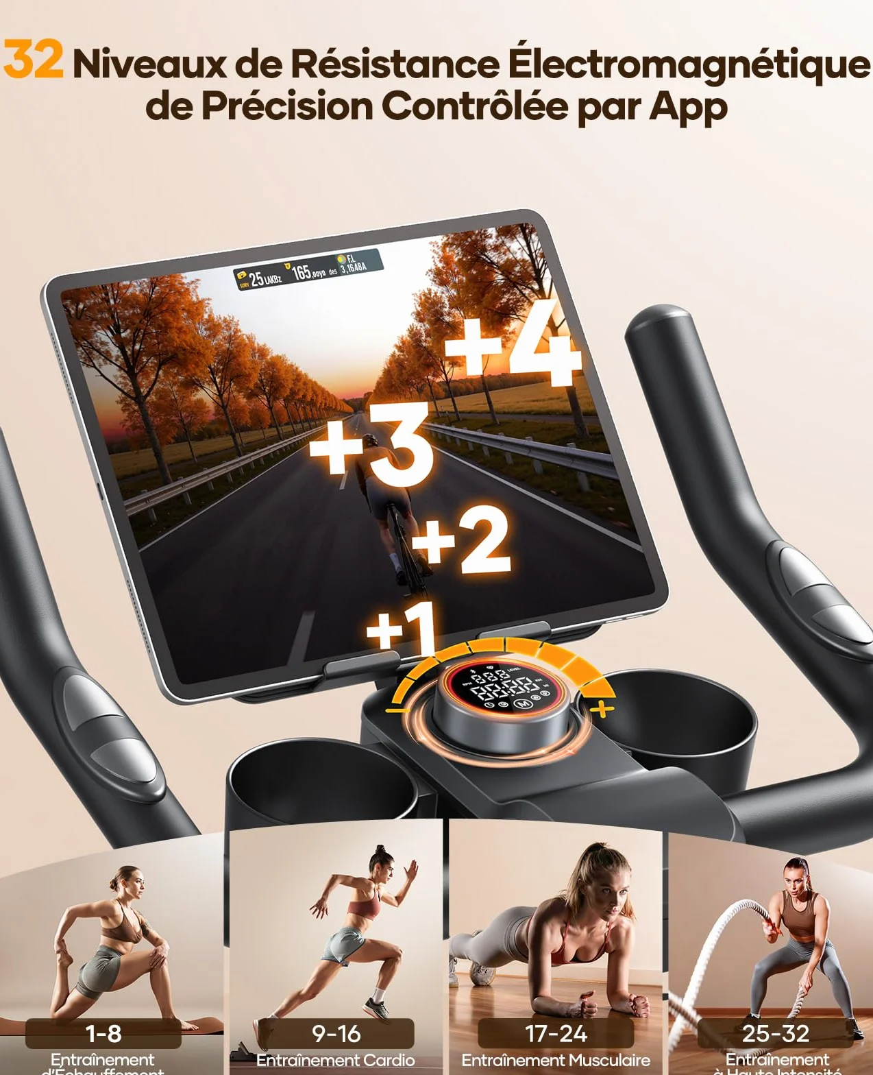 TOPUTURE Vélo d'Appartement Silencieux Résistance Magnétique Électrique 32 Niveaux Écran Tactile App Capteur Cardiaque Support Haltères 150kg