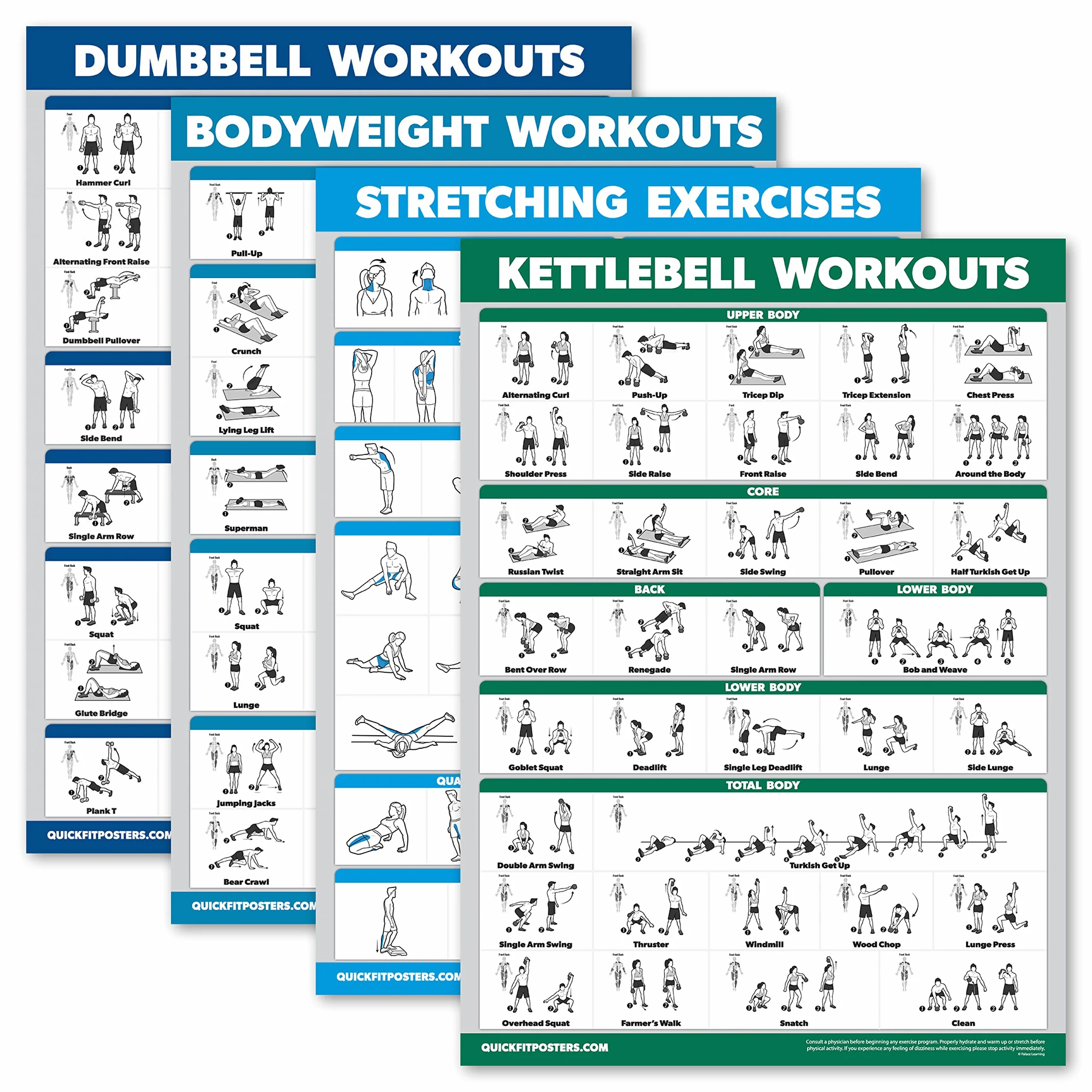 Palace Learning Lot de 4 tableaux d'entraînement haltères étirement kettlebell 45,7 x 61 cm laminé