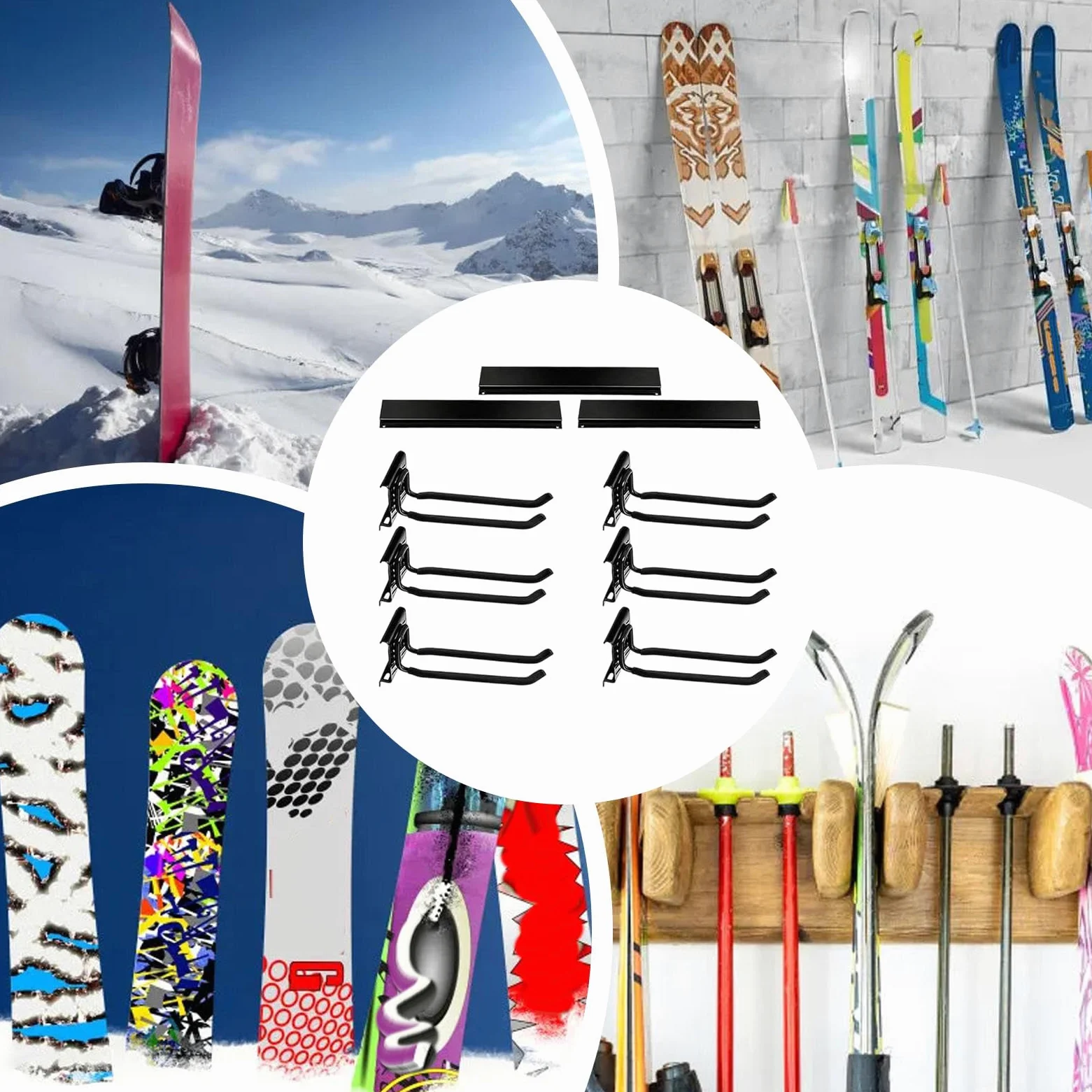 Support mural pour skis de garage - Avec 6 crochets, robuste et | antidérapant, support de snowboard - Pour équipement d'hiver, accessoires de sport, maison, cave, abri de jardin