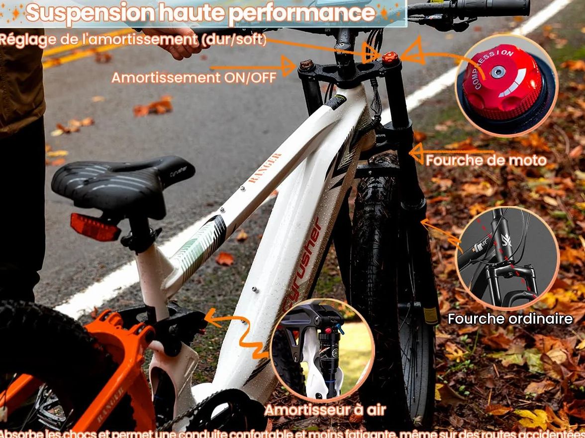 Vélo Électrique Ranger 26 Pouces 250W 52V 20Ah 1040Wh Amortisseur à Air Freins à Disque Hydrauliques