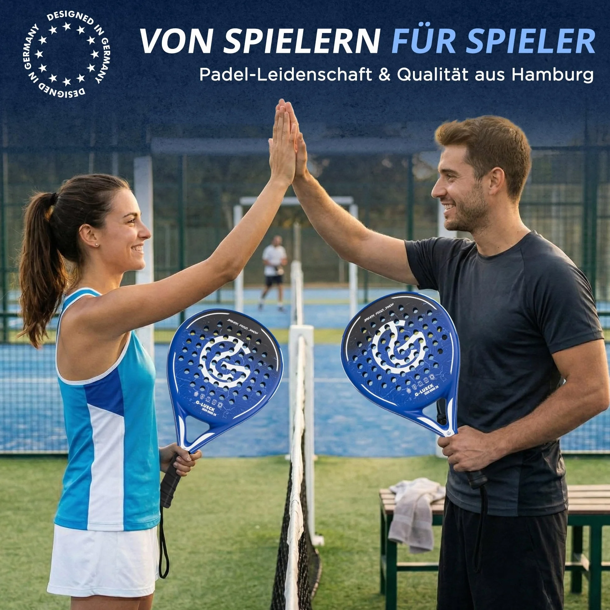 Raquette de Padel Iron Hand 3K Carbone Ronde Contrôle Puissance Cadre Carbone Renforcé Bleue Housse Incluse