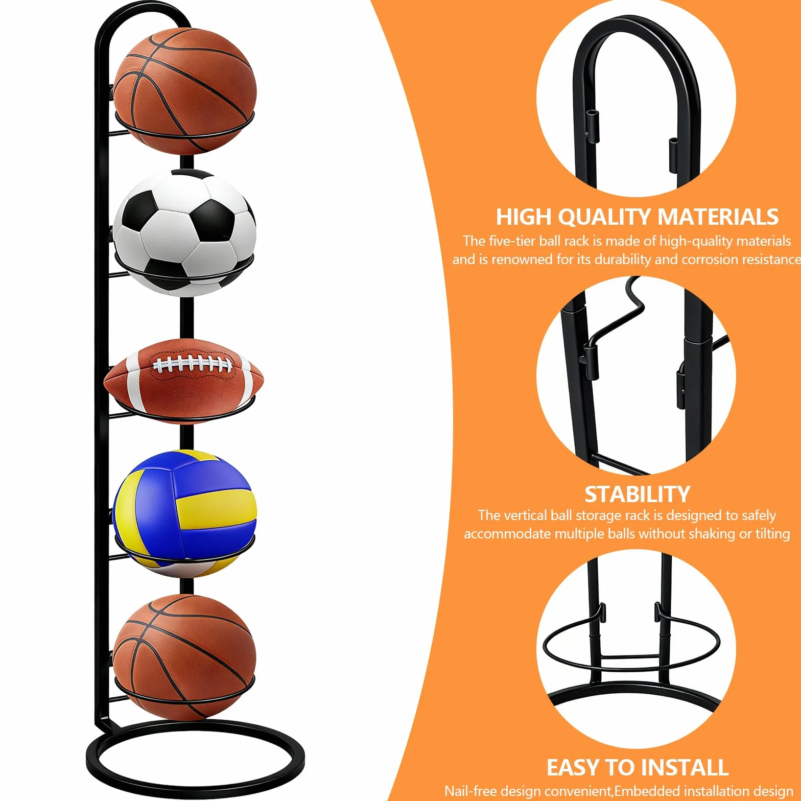 Support de balle en métal noir 5 niveaux, rangement debout pour ballons de football et volley-ball