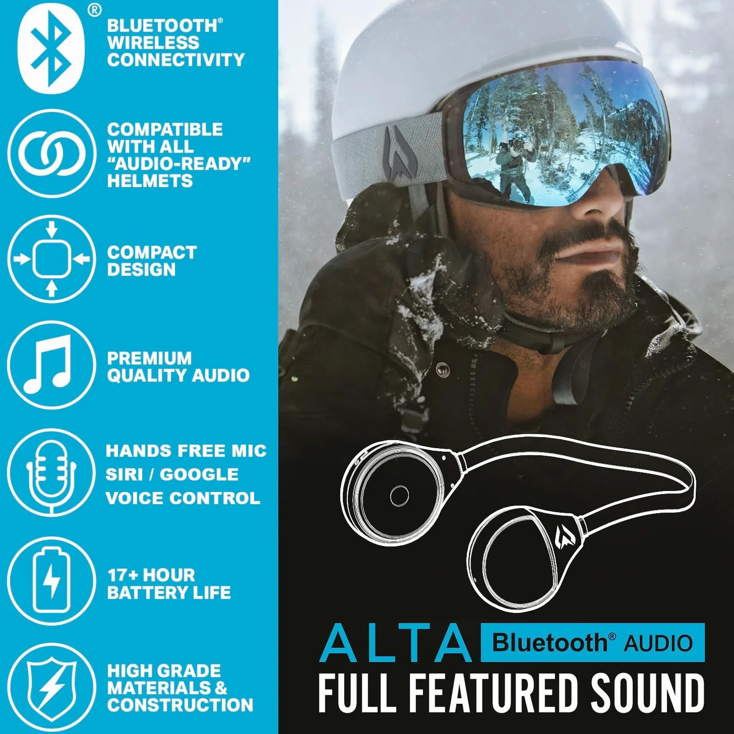 Écouteurs Alta sans Fil Bluetooth à insérer dans Votre Casque-Écouteurs Compatible avec Tous Les Casques Audio conçus pour Le Ski ou Le Snowboard-Conviviales à Boutons à Utiliser même avec des Gants