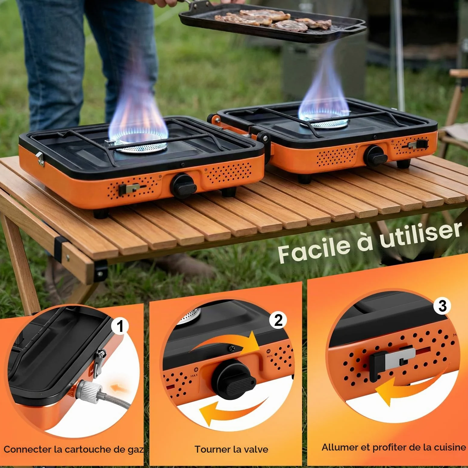 Réchaud de Camping Portable 2 Brûleurs 4400W, Cuisinière à Gaz Puissante pour Cuisson en Extérieur, Réchaud Pliable avec Allumage pour Randonnée Pique-nique Voyage