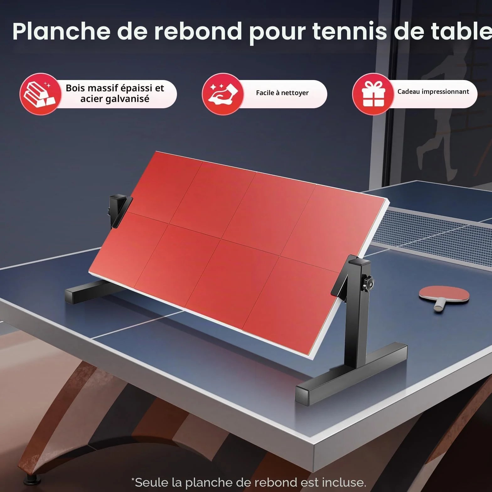 Ping Pong Rebounder Planche de tennis de table rebond avec 8 caoutchoucs rouges, équipement d'auto-entraînement pour la maison, la gym, l'intérieur et l'extérieur