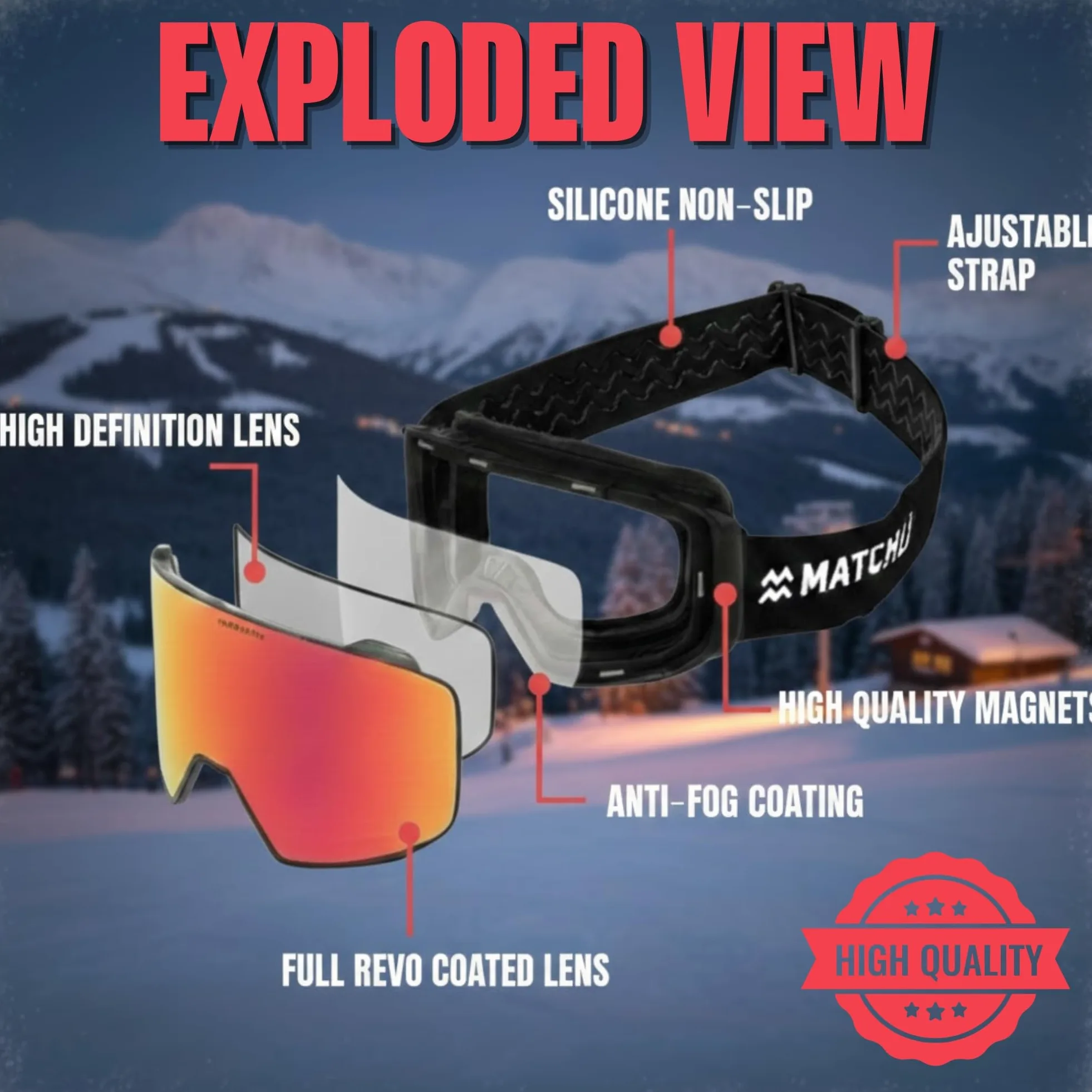 MATCHU - Masque de Ski Premium, Verres Interchangeables S2/S3, Double Anti-Buée, Coffret Luxe & Housse Microfibre