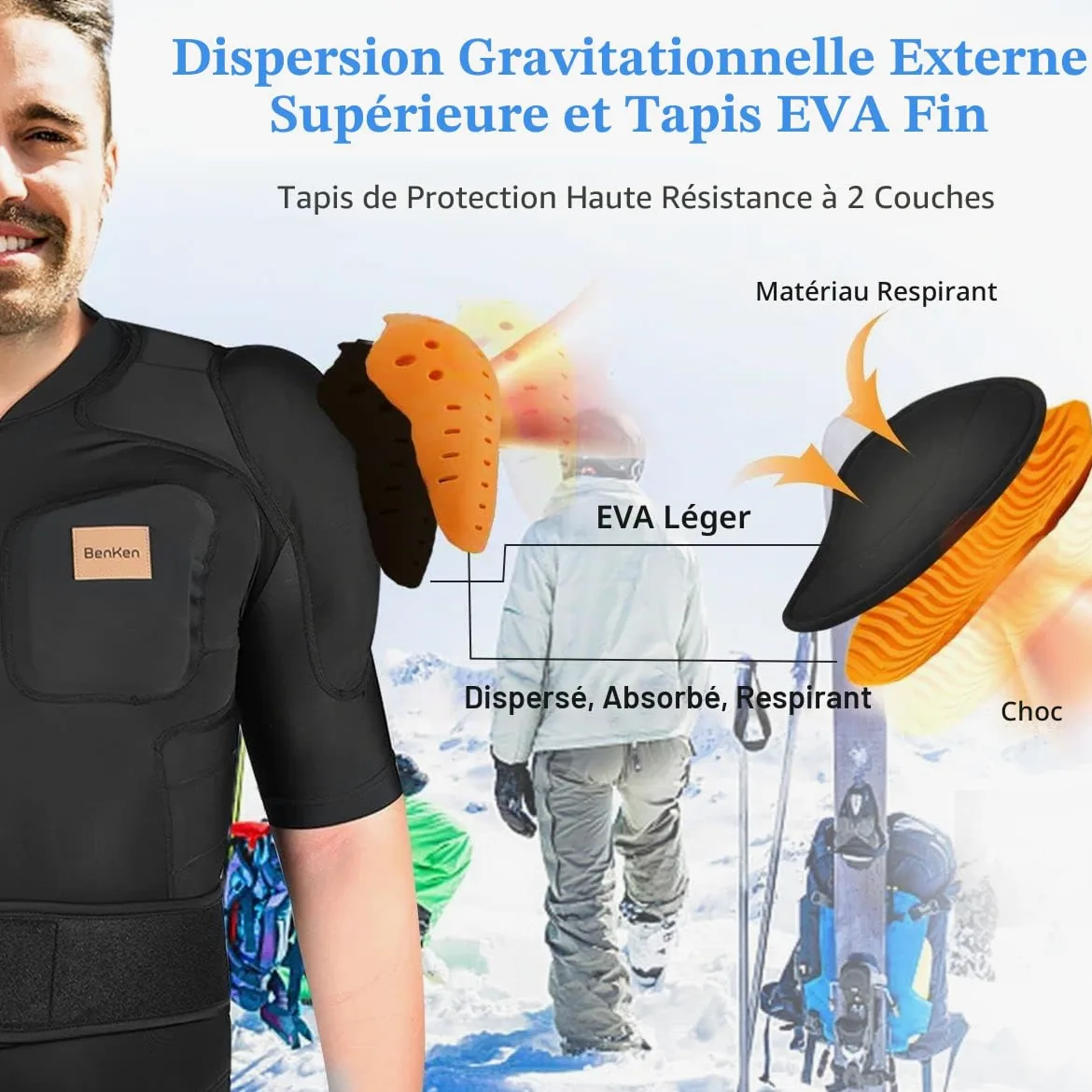BenKen Équipement de protection ultra léger pour le ski, la colonne vertébrale et le dos, vêtements anti-collision pour snowboard, patinage, ski, équitation, moto, motocross Taille M