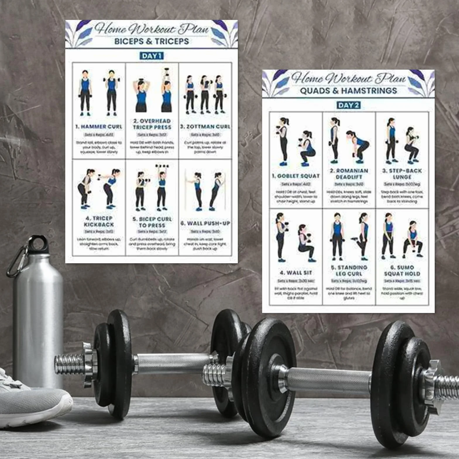 Affiches d'entraînement fitness salle de sport à domicile | Tableau d'action exercices yoga français