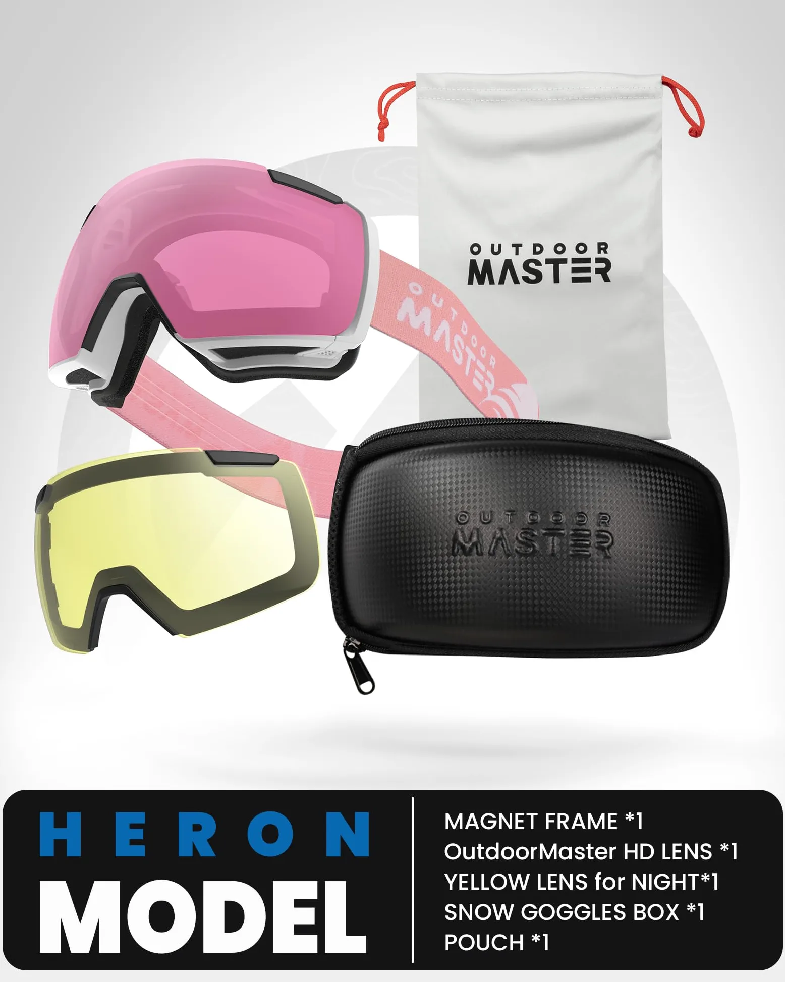 OutdoorMaster Heron Lunettes de ski à 2 verres, sans monture, interchangeables magnétiquement HD Toric Lens, lunettes de snowboard OTG pour hommes & femmes, 100% protection UV Snow Goggles