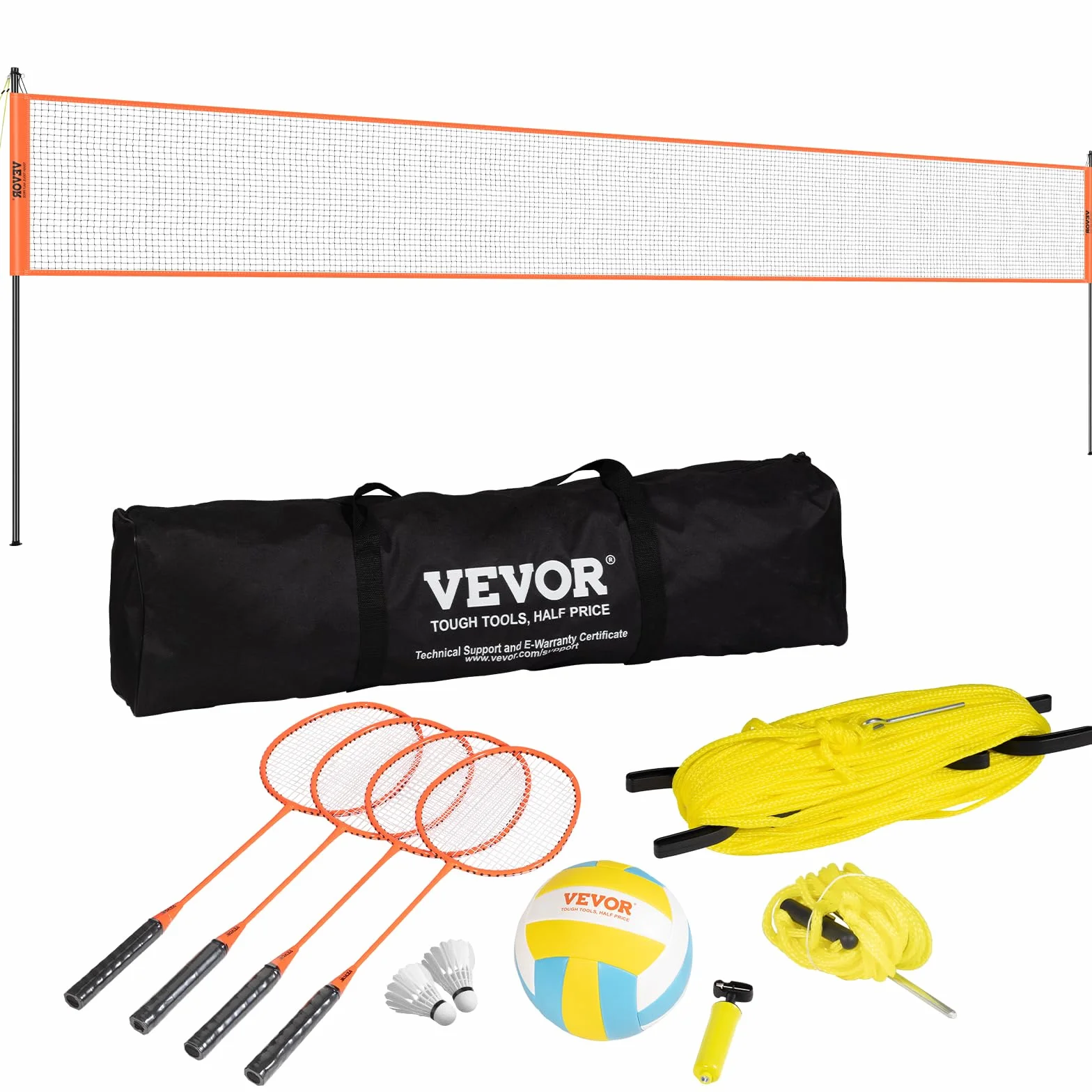 VEVOR Ensemble de Volley-Ball et Badminton, Filet Portable d'Extérieur, Poteaux en Acier Hauteur Réglable, pour Pelouse Plage Jardin