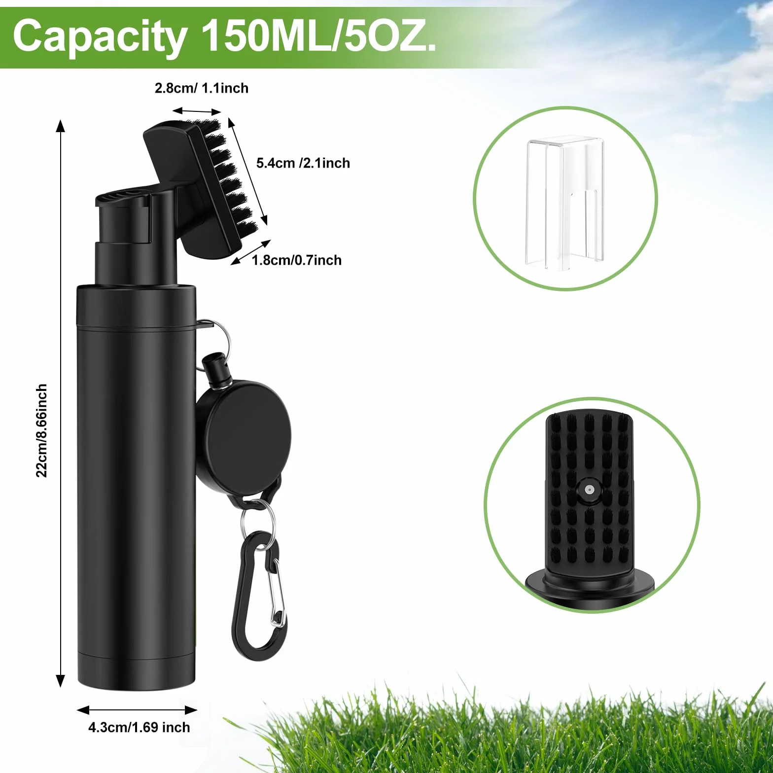Brosse de nettoyage à 360° pour club de golf avec mousqueton et bouteille d'eau étanche – Outil de nettoyage léger et compact pour clubs de golf, balles et chaussures – Cadeau idéal pour homme