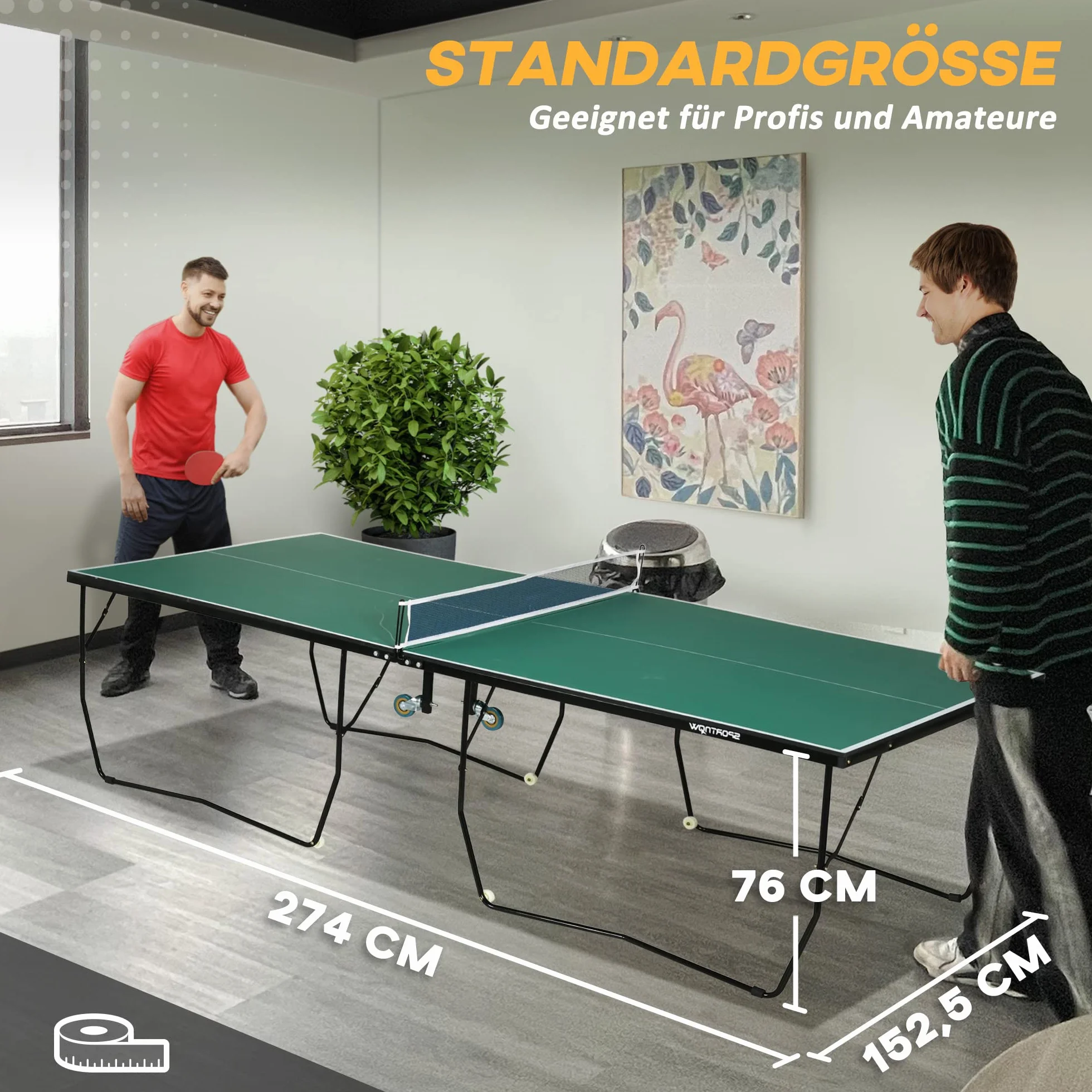 Table de ping-pong SPORTNOW pliante avec filet, roulettes, raquettes et balles, acier, vert 274x152x76 cm