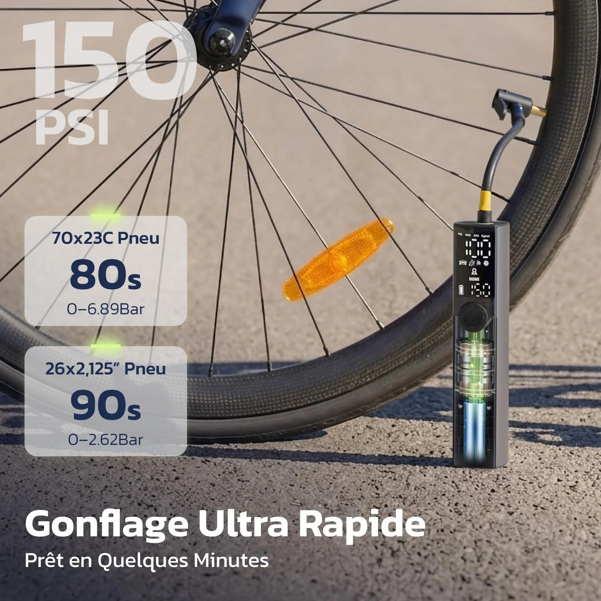 Woowind Ventus Ride Pompe a Velo Electrique 150 PSI 10.3 Bar Compresseur Portatif Compatible Presta Schrader Dunlop