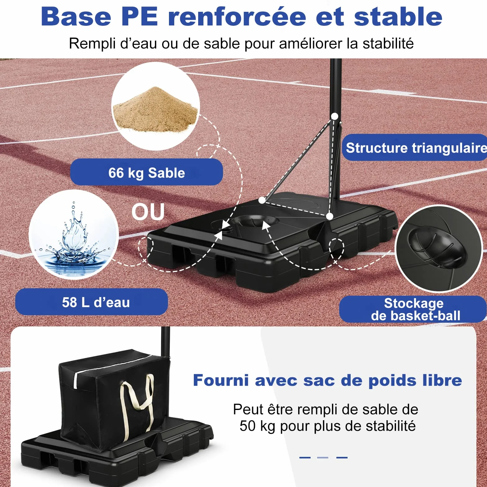COSTWAY Panier de Basket-Ball Hauteur Réglable 145-305cm, Support Portable à Roulettes avec Base Remplissable, Panneau Arrière 111cm
