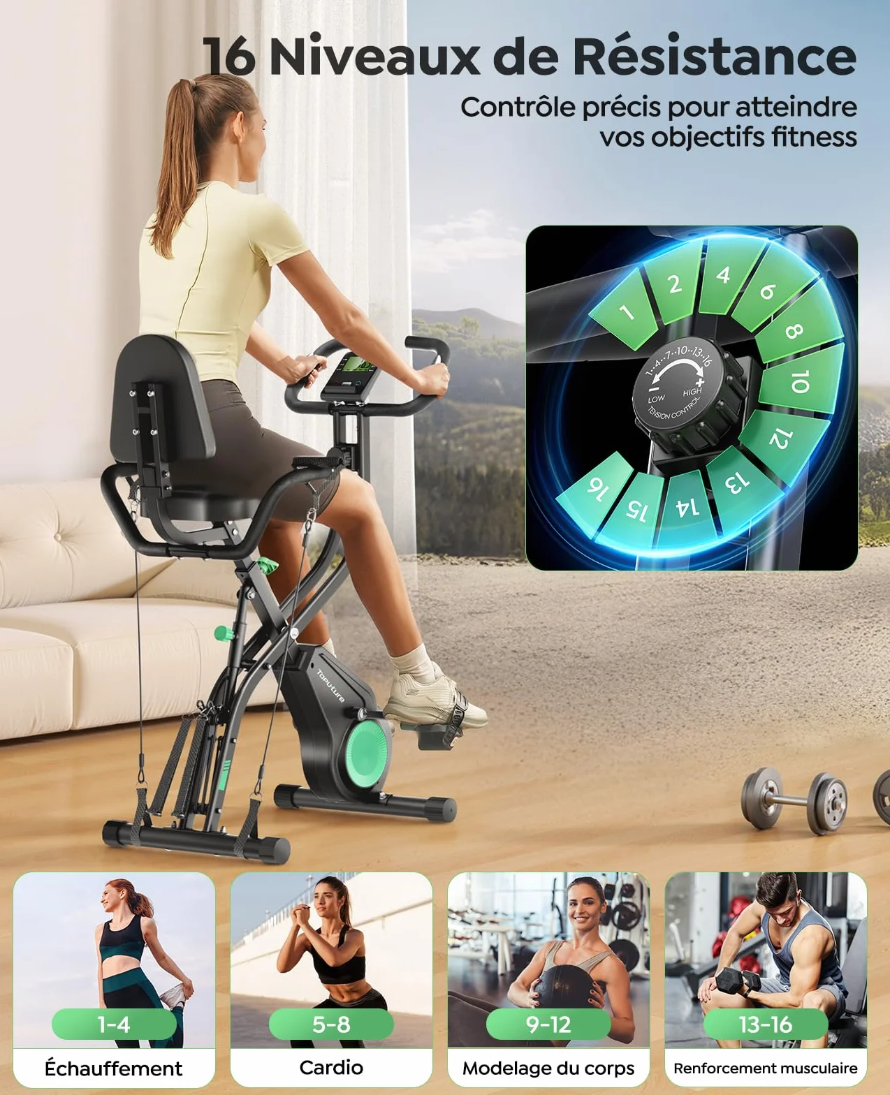 TOPUTURE Vélo d'Appartement Pliable 5-en-1, 16 Niveaux Résistance Magnétique, Moniteur LCD, Compatible APP, 140 kg