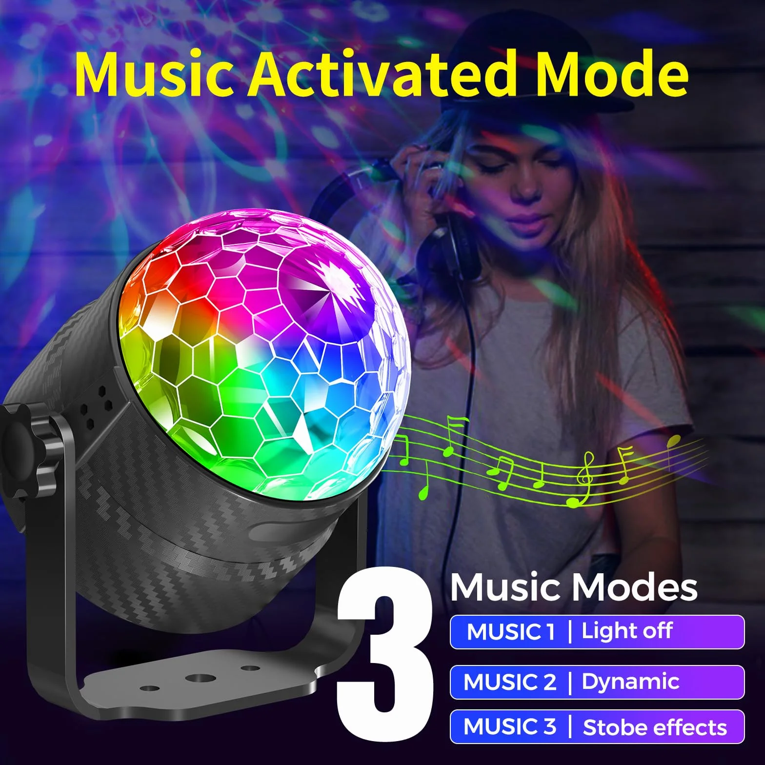 Boule disco 360° rotation contrôlée par musique RGBP 15 couleurs avec télécommande câble 2 mètres